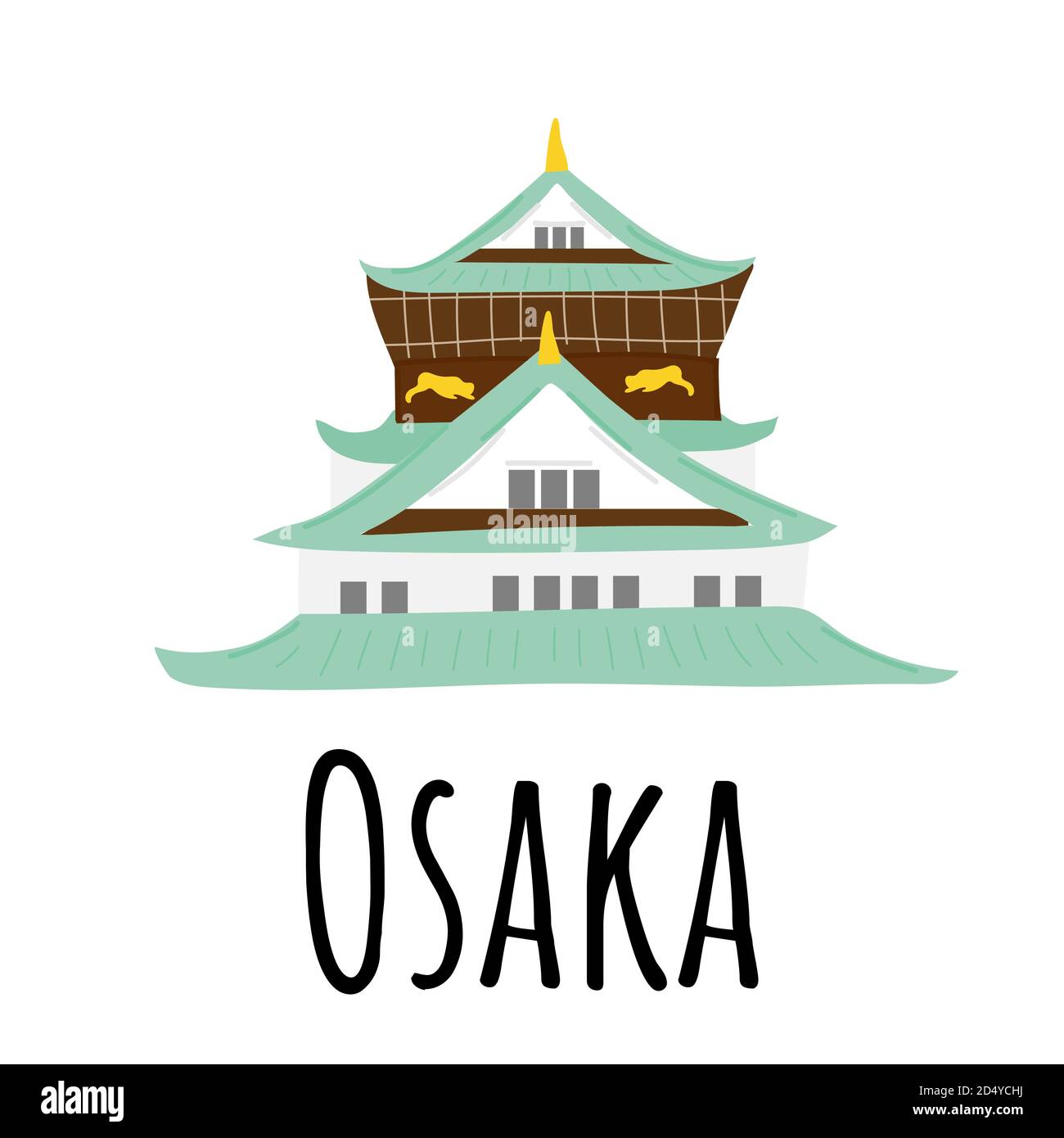 Tempio di Osaka. Decorazioni verdi e bianche. Cina cultura e religione. Illustrazione vettoriale disegnata a mano isolata su sfondo bianco. Illustrazione Vettoriale