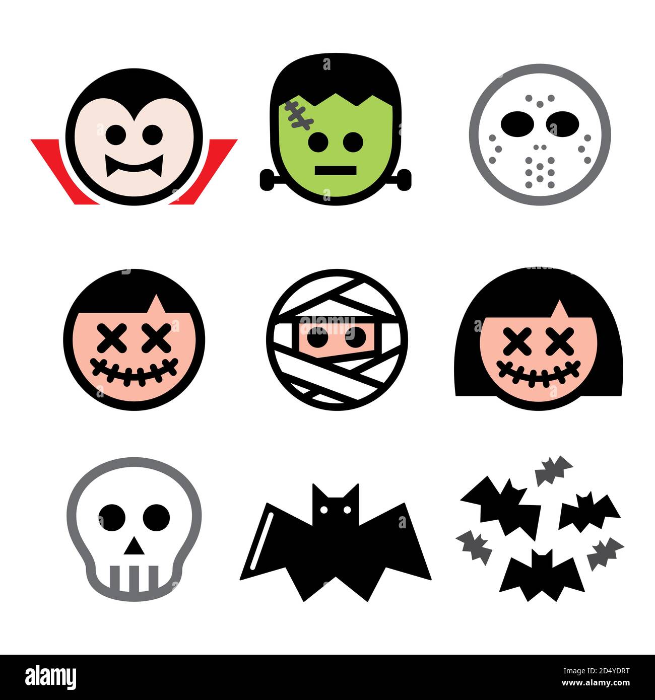 Set di design per personaggi vettoriali Halloween - Dracula, mummia, Frankenstein icone cranio Illustrazione Vettoriale