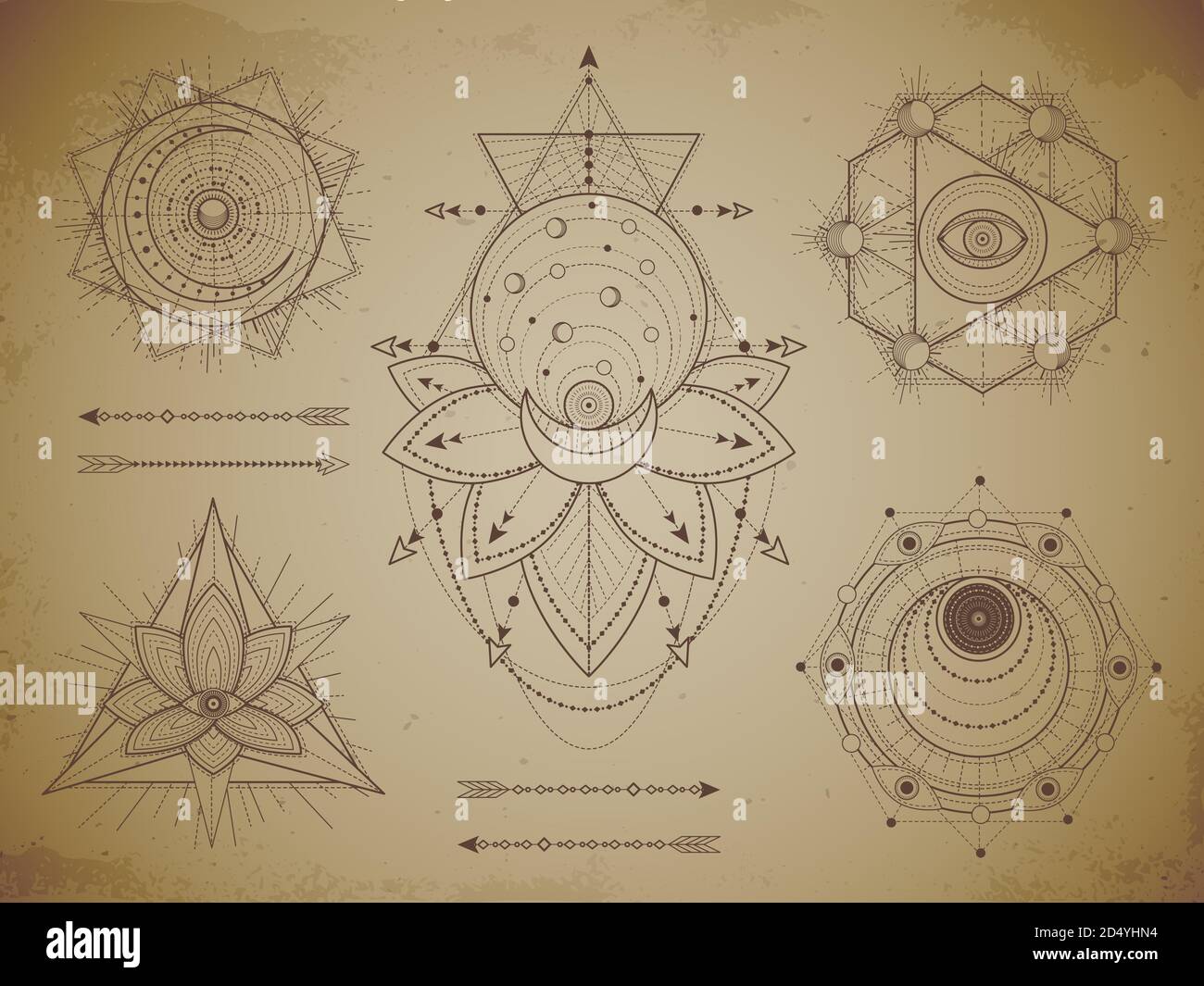 Insieme vettoriale di simboli geometrici sacri e figure su sfondo vecchio grunge di carta. Collezione astratta di segni mistici disegnati in linee. Per voi disegno: pr Illustrazione Vettoriale