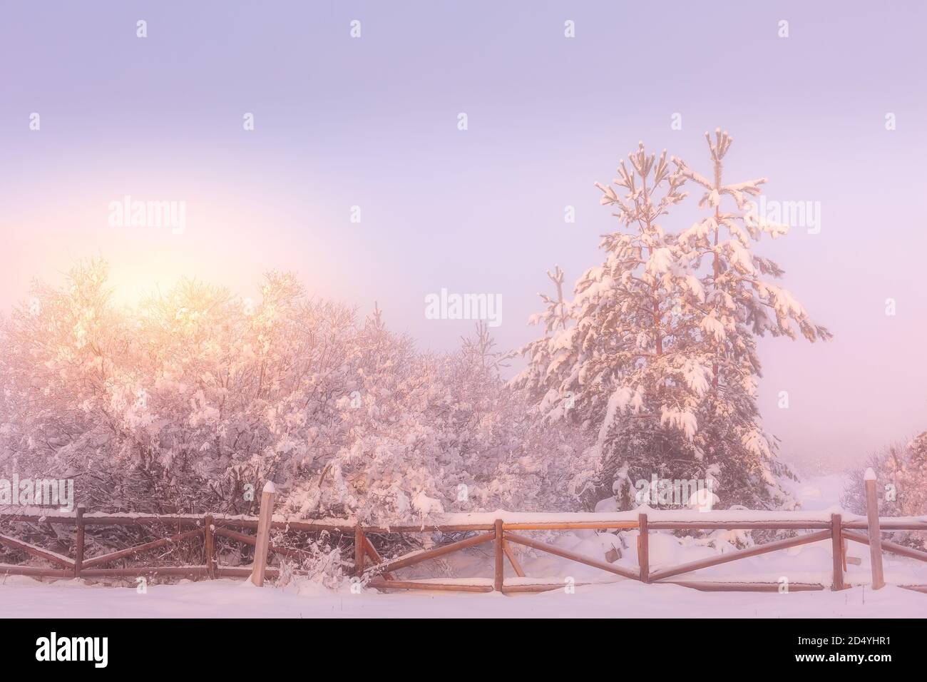 Sfondo invernale con nevi foggy, recinzione e sole, spazio copia Foto Stock