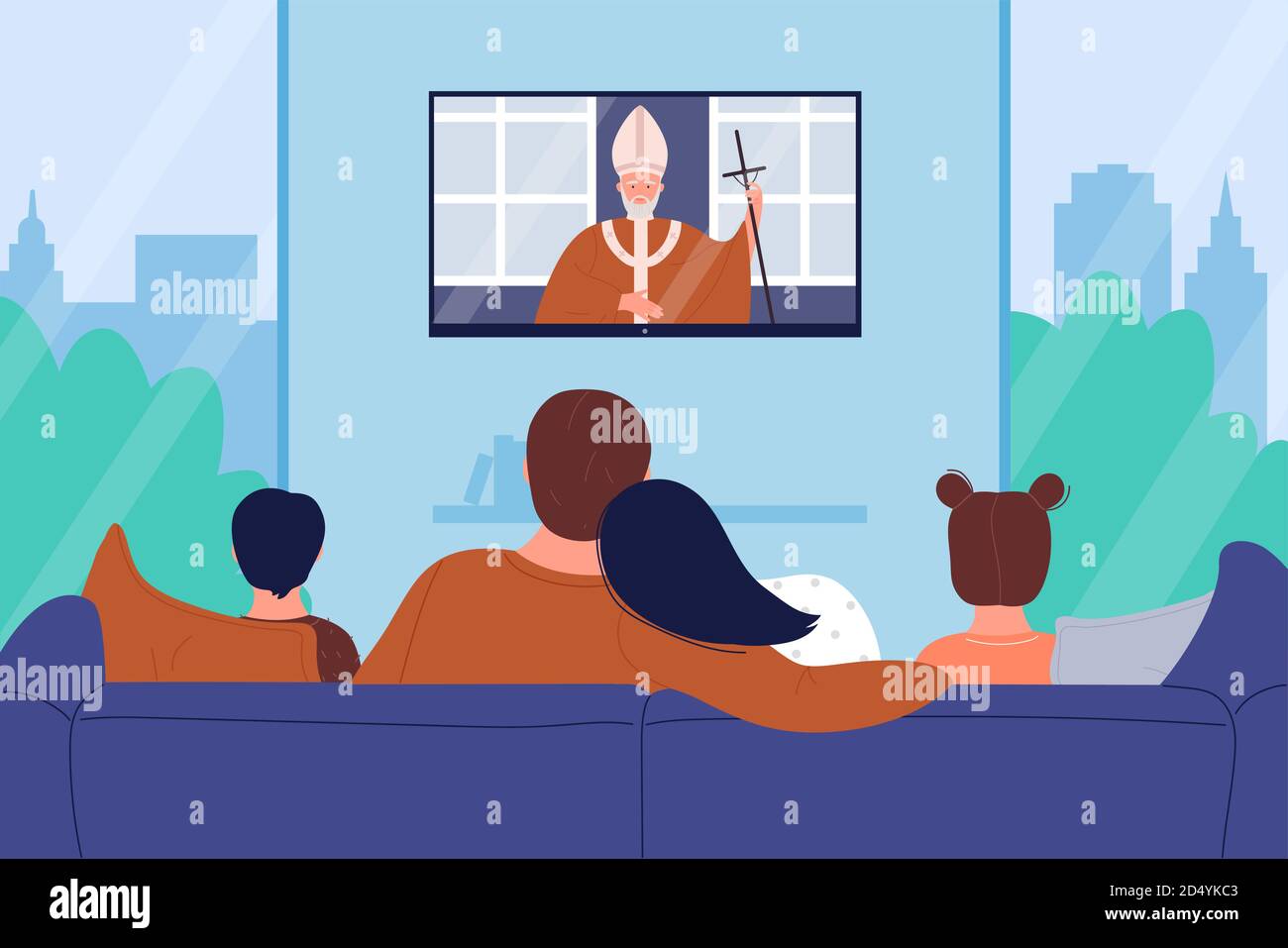 La gente della famiglia guarda la religione della chiesa tv notizie illustrazione del vettore. Cartoon piatto madre padre e bambini personaggi guardando religioso sermone canale televisivo, seduta su divano insieme sfondo Illustrazione Vettoriale