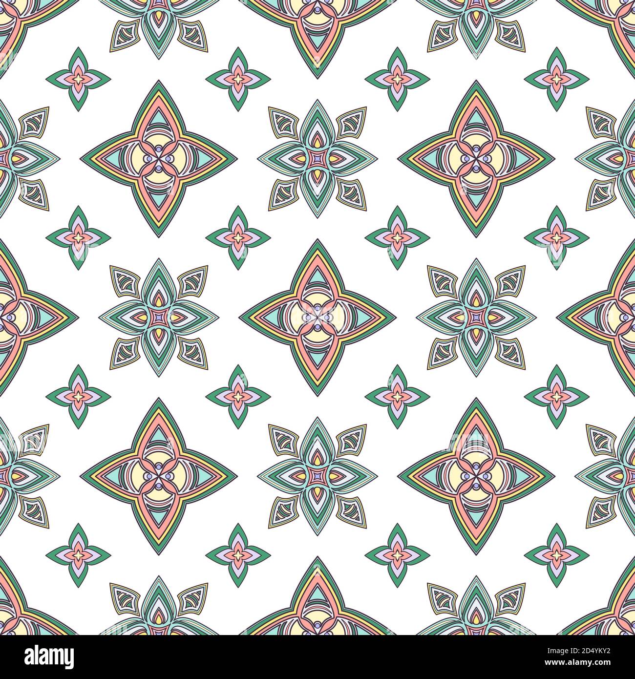 Abstract ornamento colorato, curva orientale vorticosa motivo senza cuciture con fiori e ricci, apertura. Tracciante multicolore su sfondo bianco, per Illustrazione Vettoriale