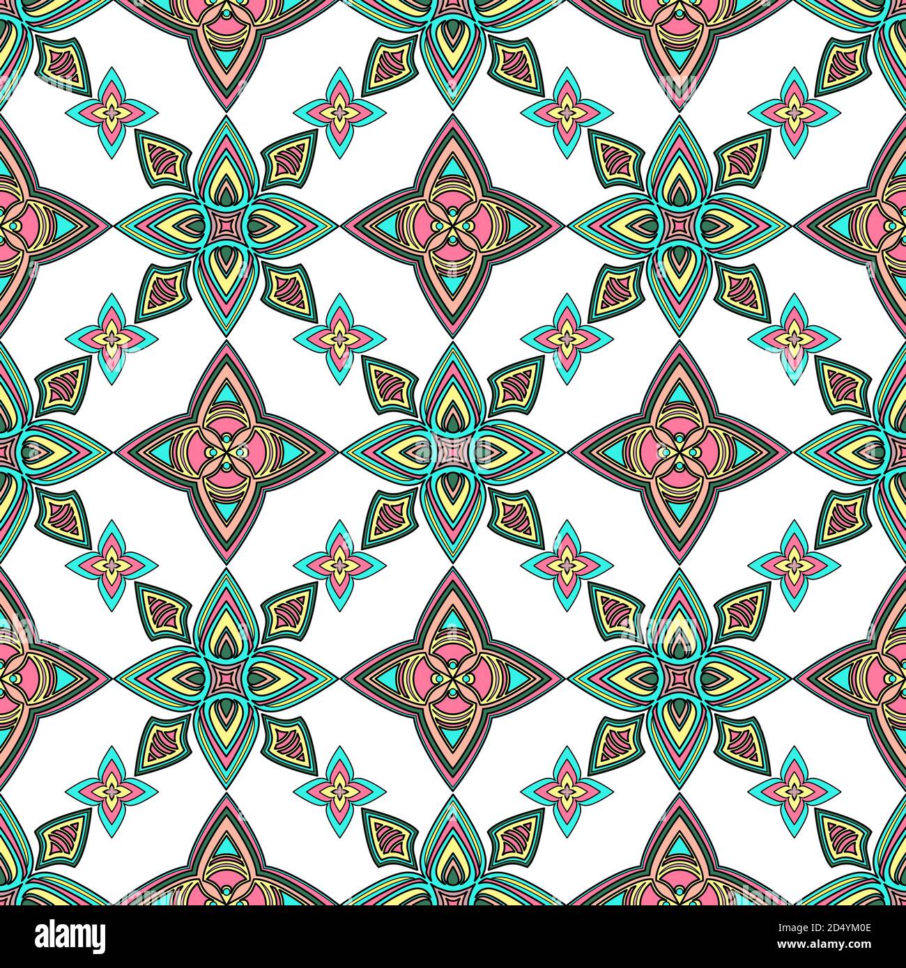 Abstract ornamento colorato, curva orientale vorticosa motivo senza cuciture con fiori e ricci, apertura. Tracciante multicolore su sfondo bianco, per Illustrazione Vettoriale