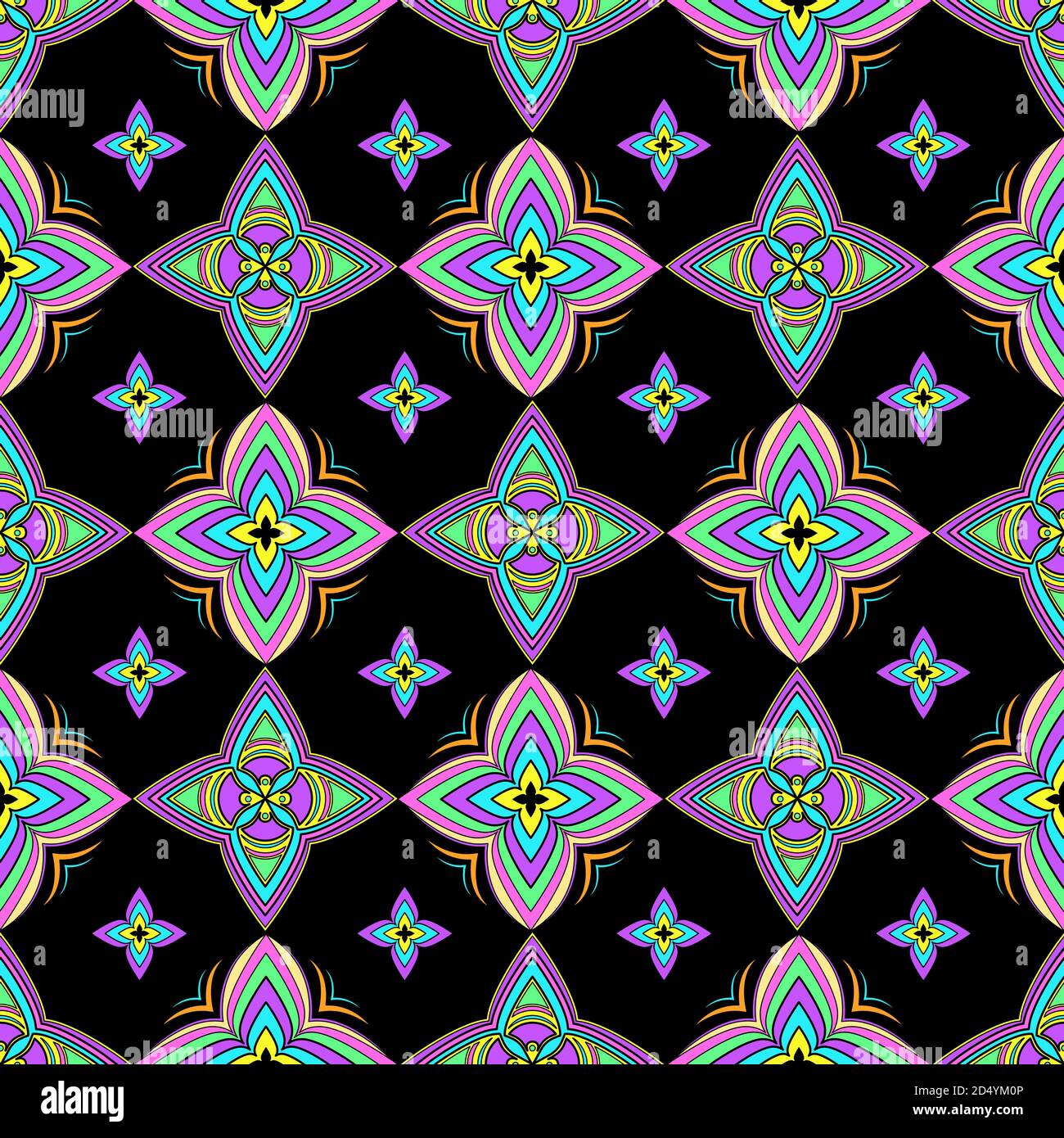 Abstract ornamento colorato, curva orientale vorticosa motivo senza cuciture con fiori e ricci, apertura. Tracciante multicolore su sfondo nero, per Illustrazione Vettoriale