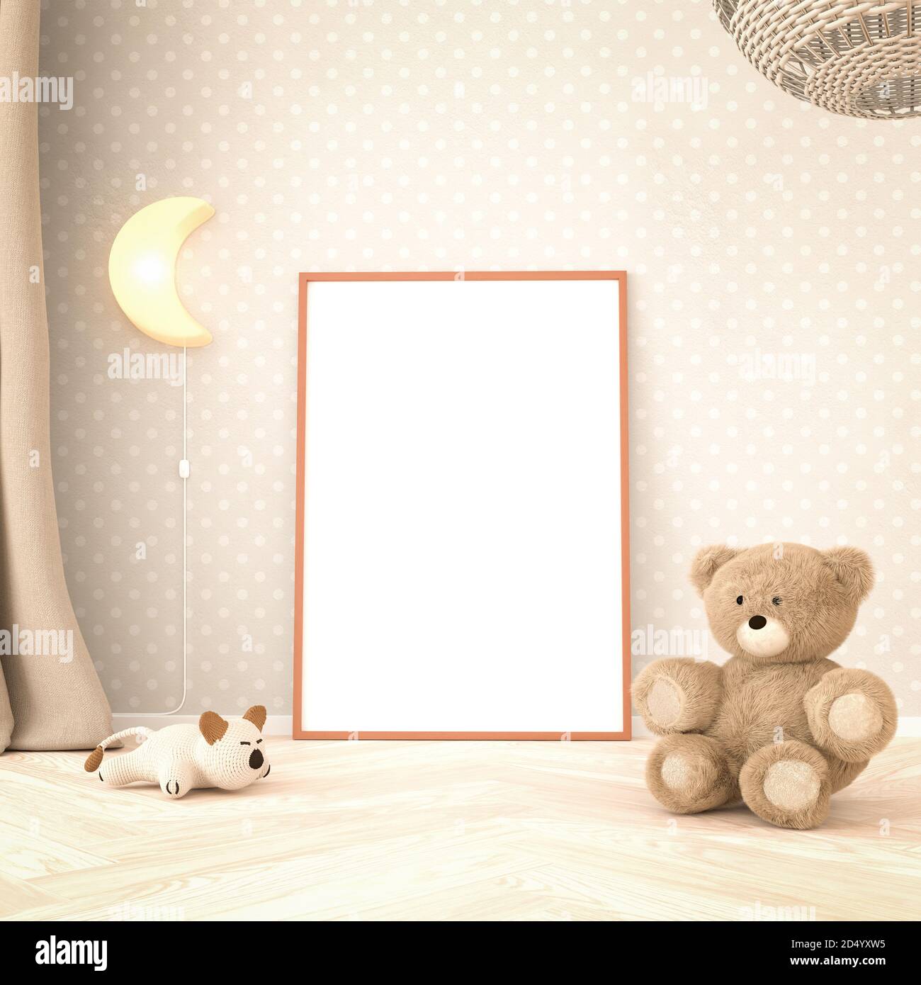 Camera interna per bambini mockup con cornice vuota (70x100cm). Orsacchiotto, giocattolo gatto, lampada luna, tenda e lampada da soffitto in rattan. Creme c Foto Stock