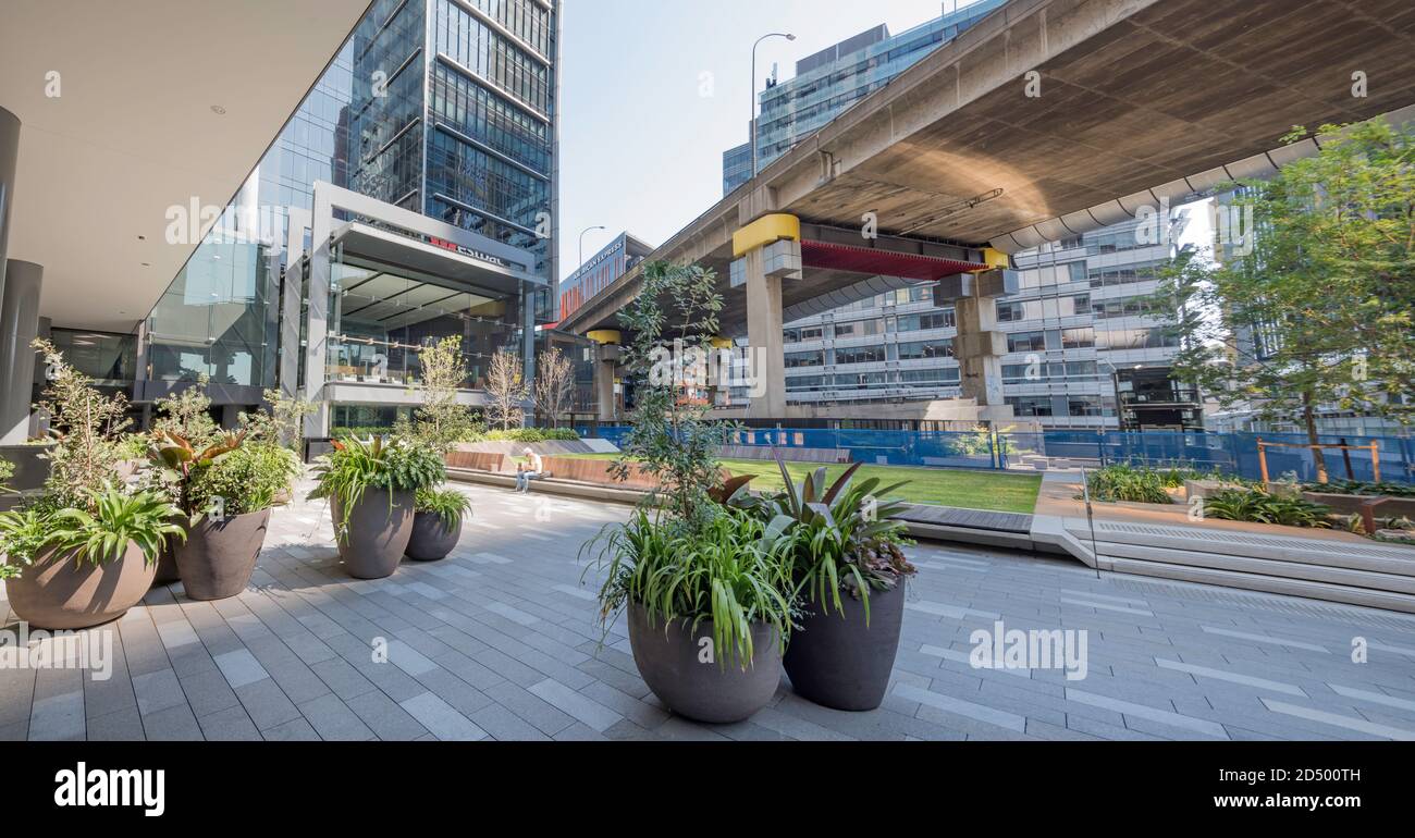 Un piccolo spazio verde tra una giungla di cemento e vetro della Western Distributor Road dal Sydney Harbour Bridge e gli uffici della Westpac Bank. Foto Stock