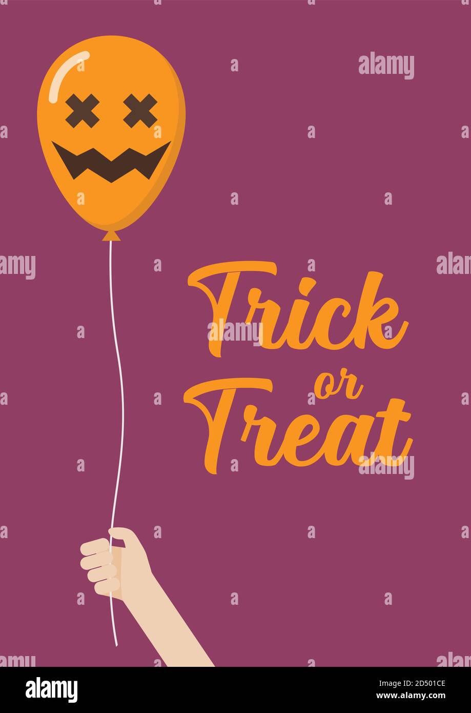 Mano del capretto che tiene i mongolfiera. Trucco o trattare poster halloween. Illustrazione vettoriale Illustrazione Vettoriale