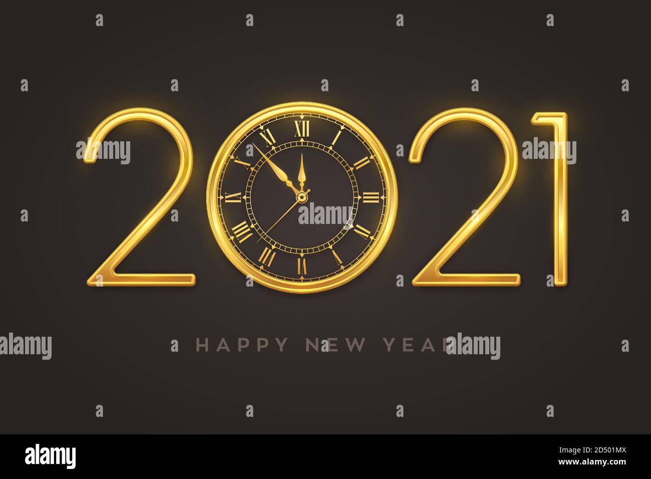 Felice anno nuovo 2021. Golden Metallic Luxury Numbers 2021 con orologio oro lucido con numeri romani e conto alla rovescia mezzanotte, vigilia di Capodanno. Festivo Illustrazione Vettoriale
