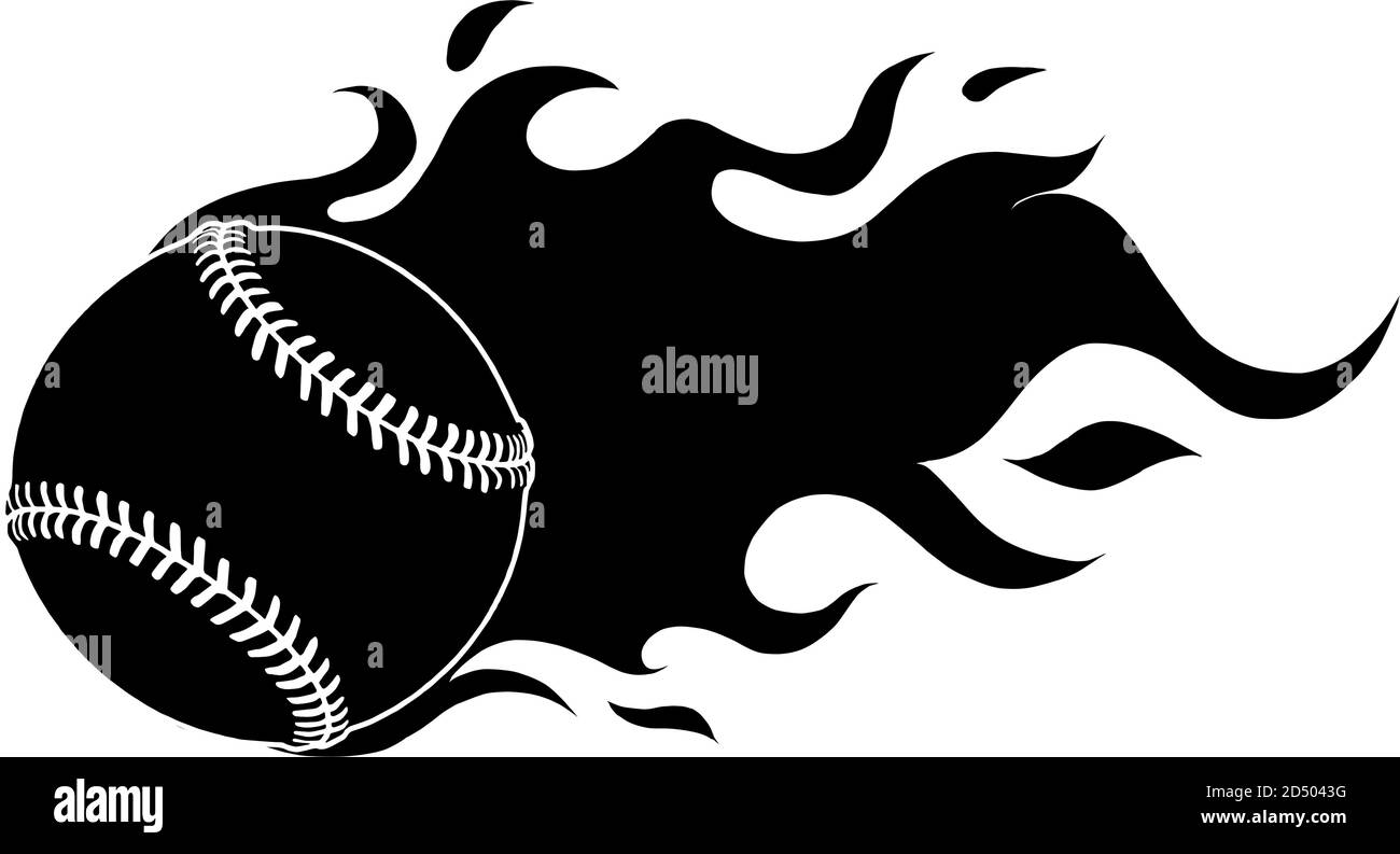 Flaming Baseball Softball Ball vettore Cartoon bruciare con fiamme fuoco silhouette nera Illustrazione Vettoriale