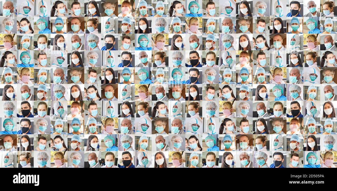 Panorama ritratto collage di persone e medici con maschere viso durante la pandemia del coronavirus Foto Stock