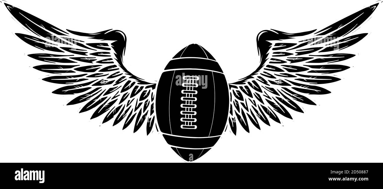 pallone da calcio americano con ali icona vettoriale silhouette nera Illustrazione Vettoriale
