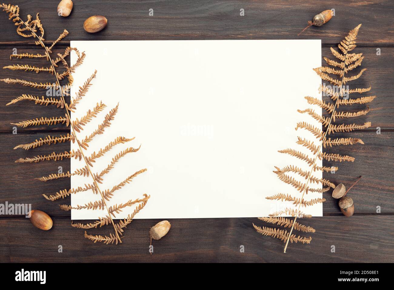 Carta bianca su tavola di legno e decorazione autunnale. Modello, Mock-up. Autunno sfondo. Vista dall'alto Foto Stock