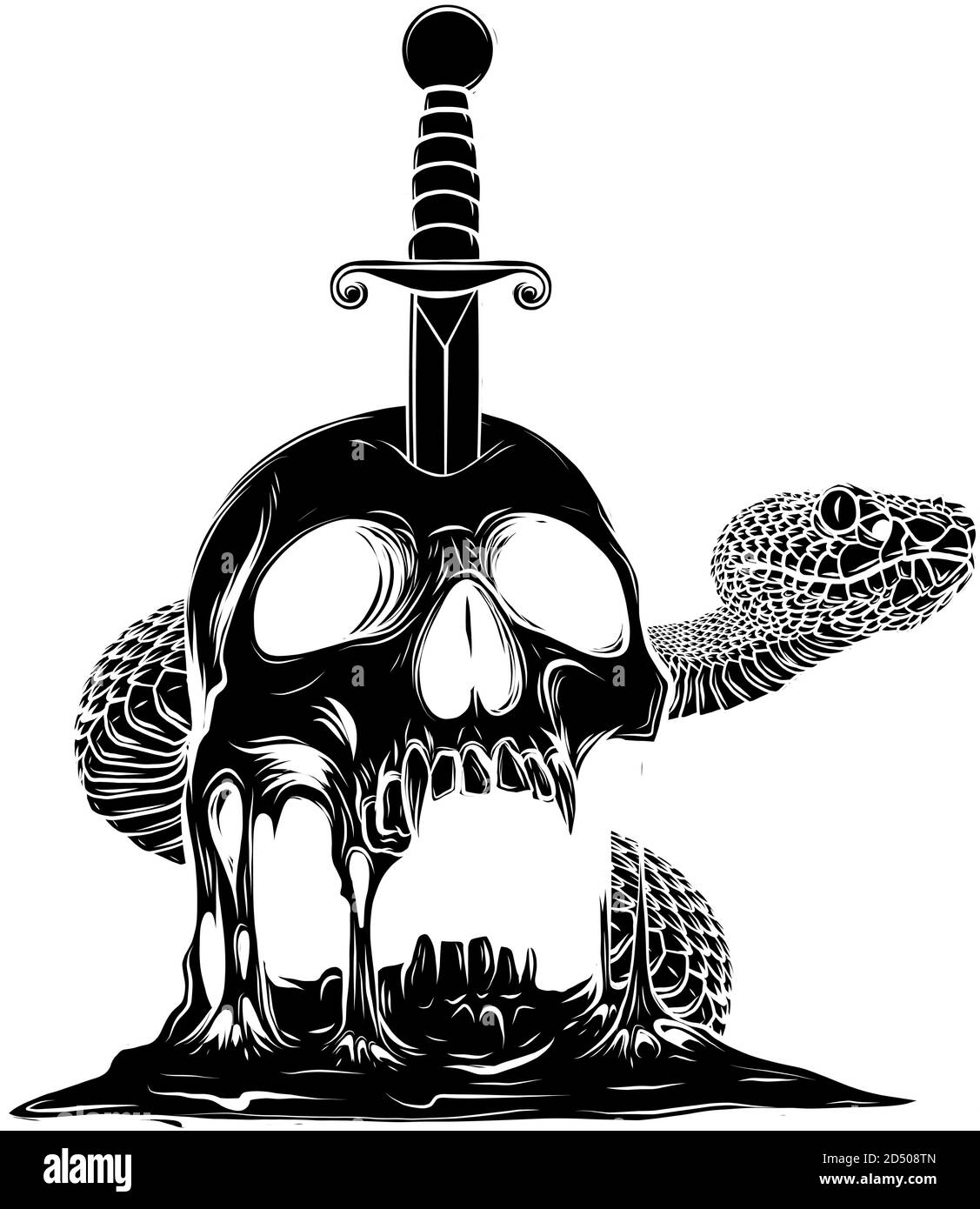 Un coltello attraverso un cranio. Silhouette nera Serie semplice del volto del cranio. Vettore di disegno del tatuaggio cranio monolino Illustrazione Vettoriale