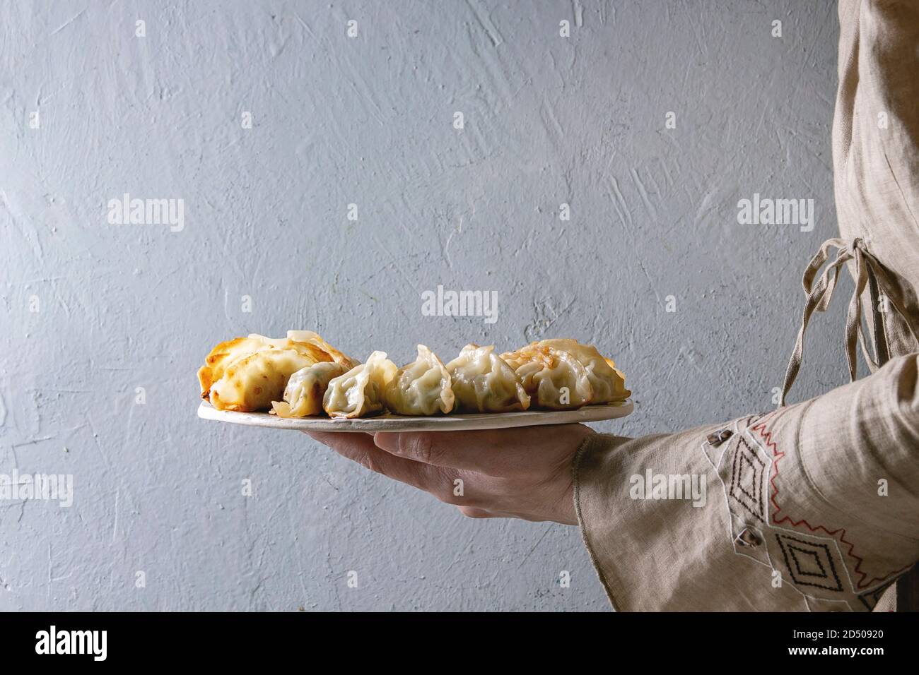Fritti gnocchi asiatici Gyozas potstickers su bianco Vassoio in ceramica in mani femminili. Muro grigio a sfondo. Cena asiatica Foto Stock