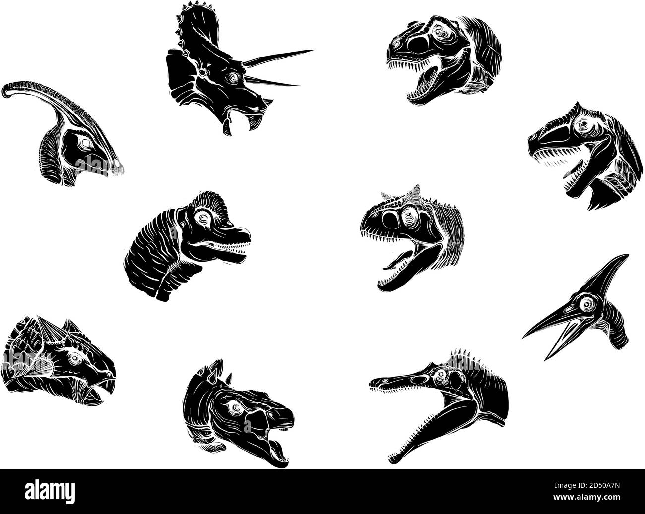 Un gruppo di dinosauri su sfondo bianco vettore nero silhouette Illustrazione Vettoriale