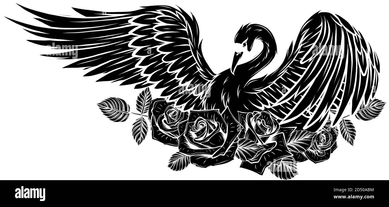 Vector Set of Swan and Roses. Vector Black silhouette Illustrazione Vettoriale