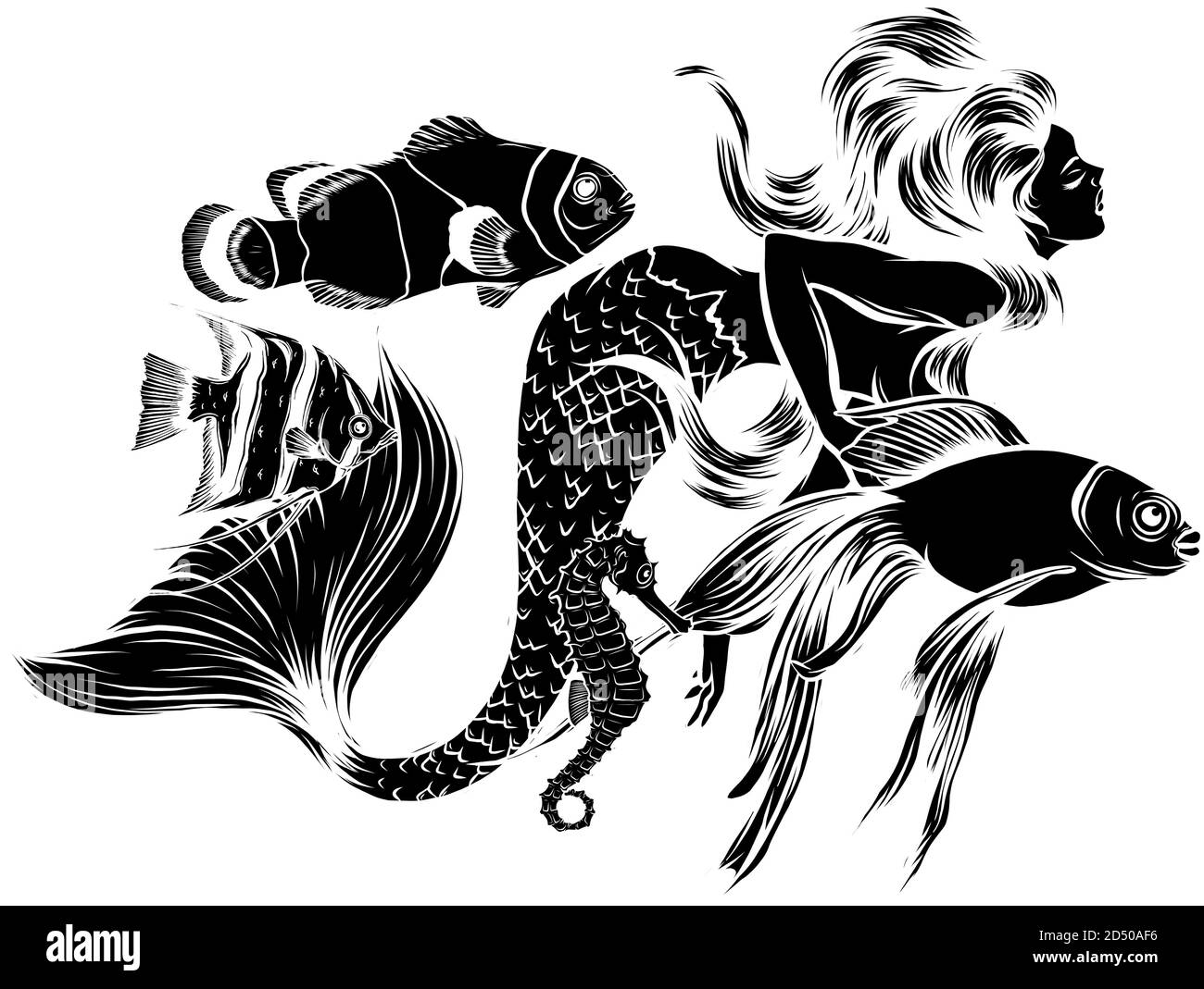 Mermaid carino con meduse, . Disegno di illustrazione di moda in stile moderno silhouette nera Illustrazione Vettoriale