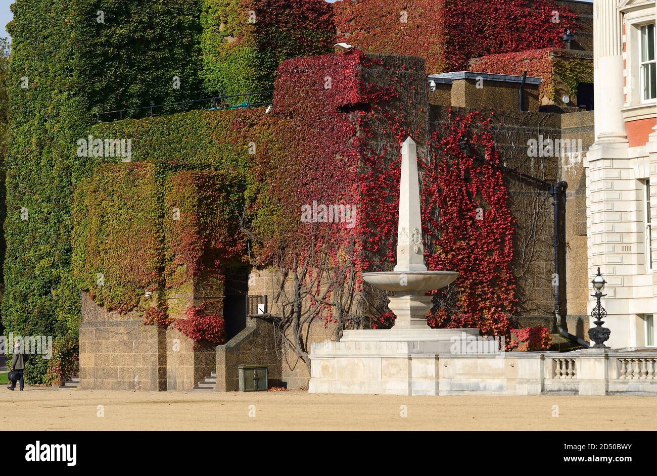 Londra, Inghilterra, Regno Unito. Horse Guards Parade - Virginia Creeper (Parthenocissus quinquefolia) cambia colore all'arrivo dell'autunno - inizio di ottobre 2020. Reale Foto Stock
