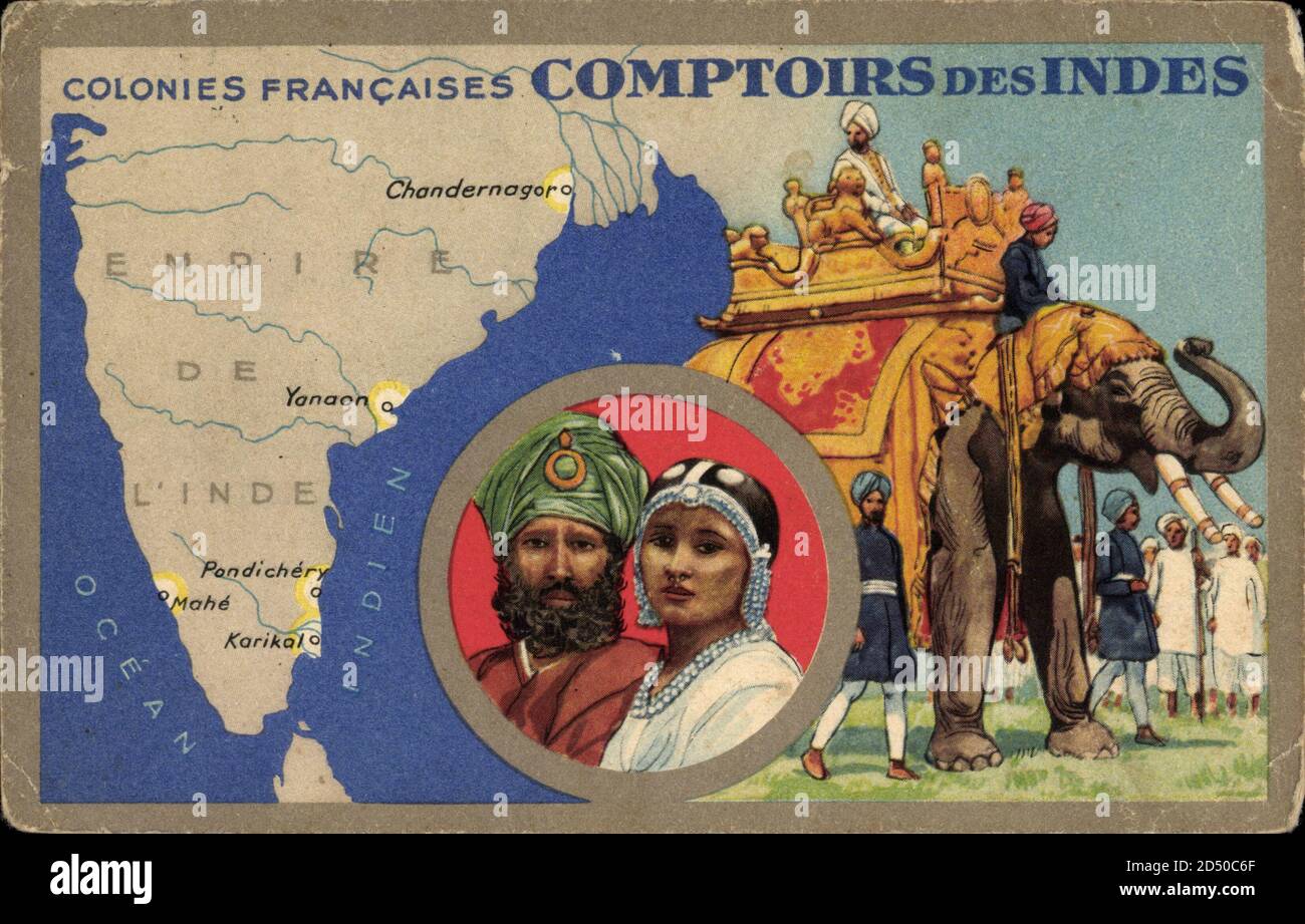 Landkarten Comptoirs des Indes, Colonies Francaises, Elefant, Einheimische | utilizzo in tutto il mondo Foto Stock