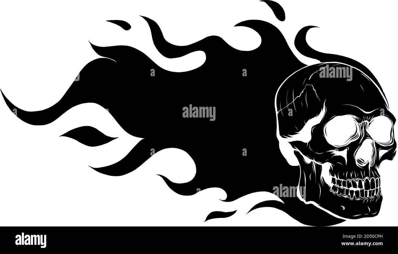 Modello di immagine vettoriale con cranio grafico con fiamme silhouette nera Illustrazione Vettoriale