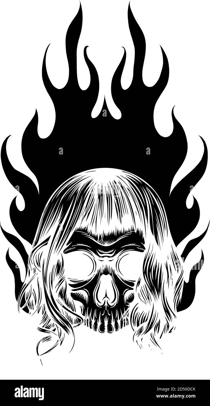 Modello di immagine vettoriale con cranio grafico con fiamme silhouette nera Illustrazione Vettoriale