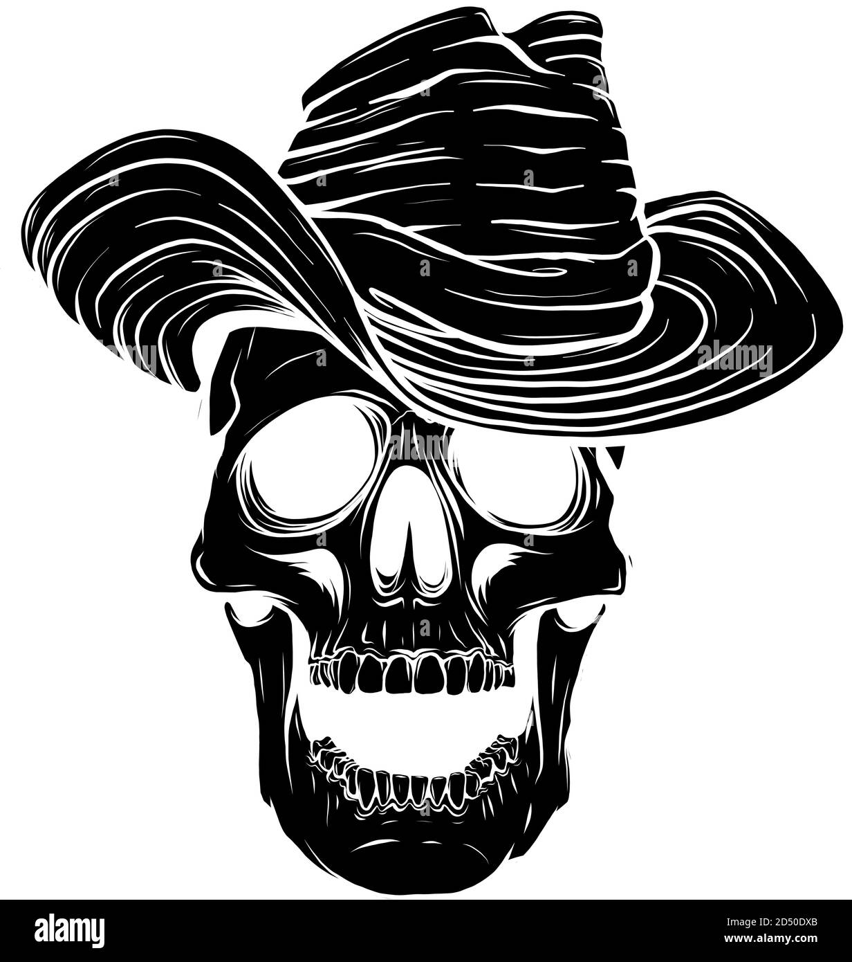 Tatuaggio nero del cranio di Gangster. Testa di morte con sigaro e vettore di cappello Illustrazione Vettoriale