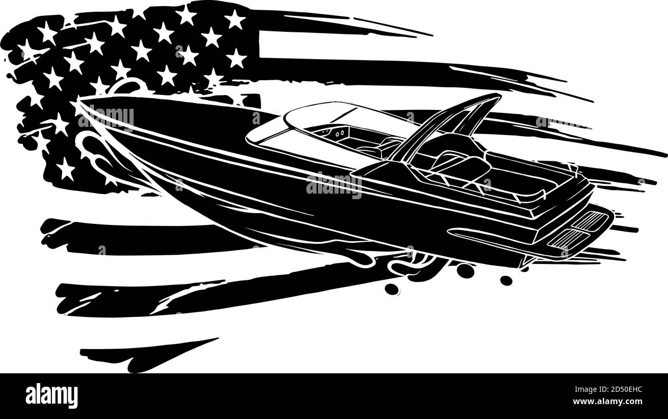 cartoni animati di silhouette nera illustrazione di motoscafo con bandiera americana Illustrazione Vettoriale