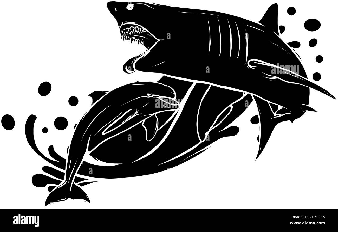 delfino nero silhouette che sta saltando fuori dall'acqua di mare su sfondo bianco, isolato. Illustrazione vettoriale. Illustrazione Vettoriale