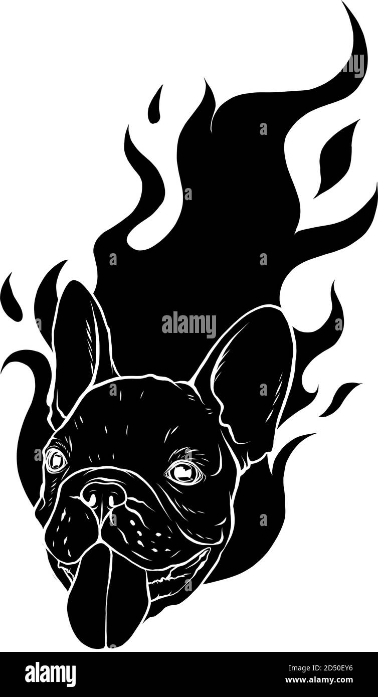 Silhouette nera carlino testa cane Flame Tattoo illustrazione vettoriale Illustrazione Vettoriale