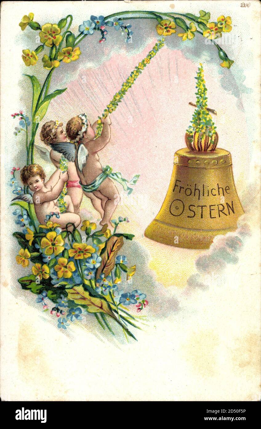 Fröhliche Ostern Engel ziehen an einer Glocke, gelbe Blumen | usage worldwide Foto Stock