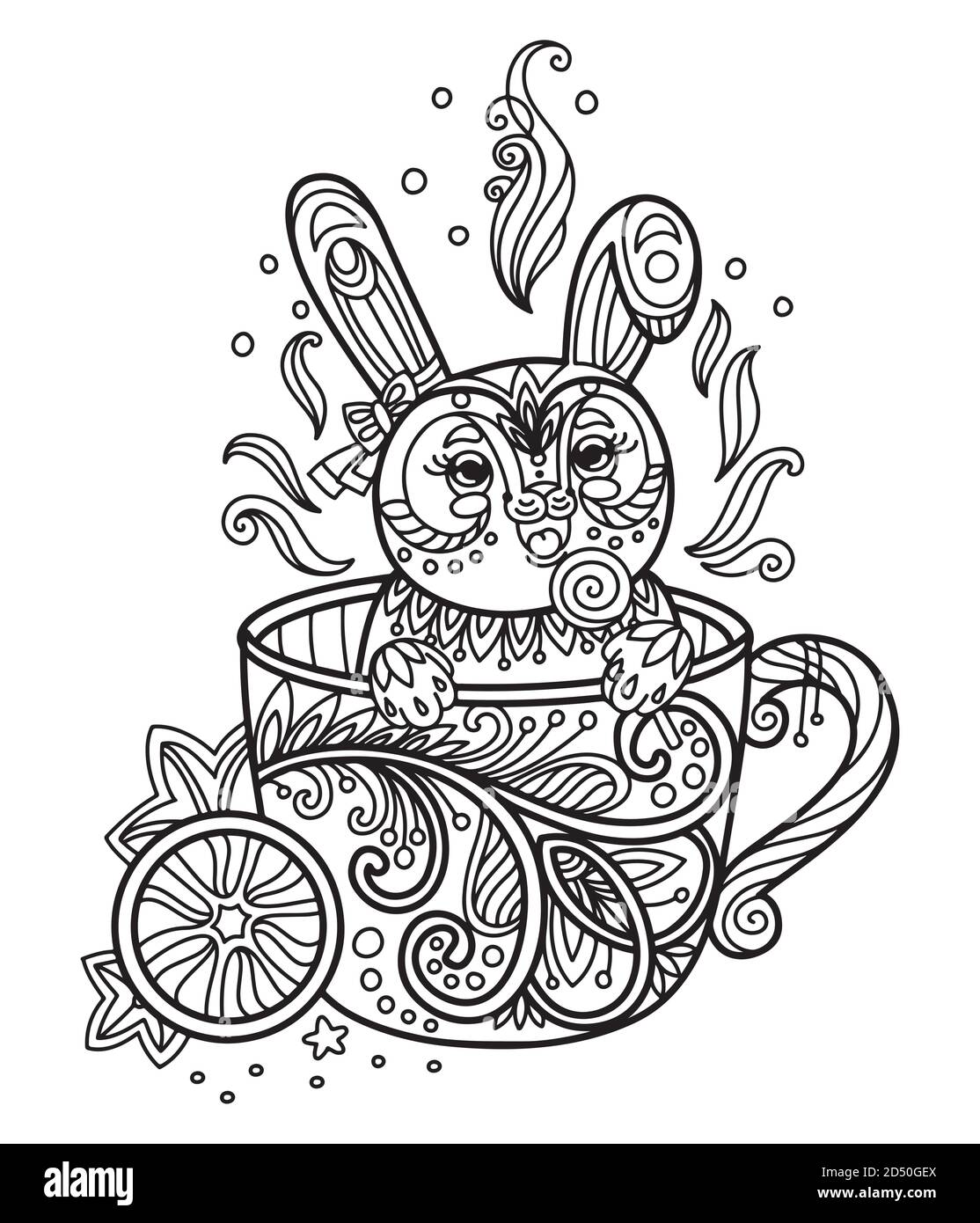 Kawaii simpatico coniglio in una tazza di colorazione Illustrazione Vettoriale