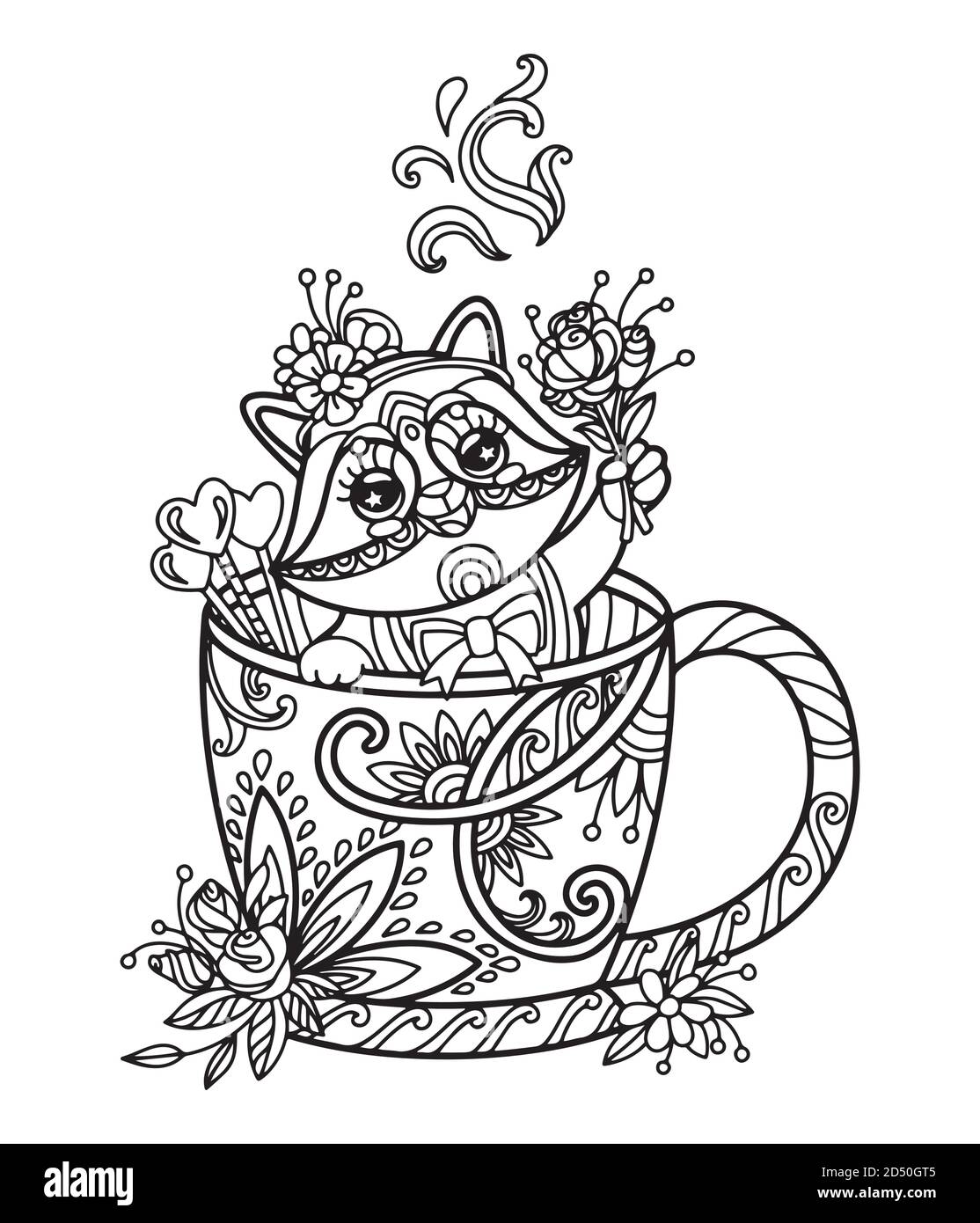 Kawaii simpatico raccoon in una tazza di colorazione Illustrazione Vettoriale