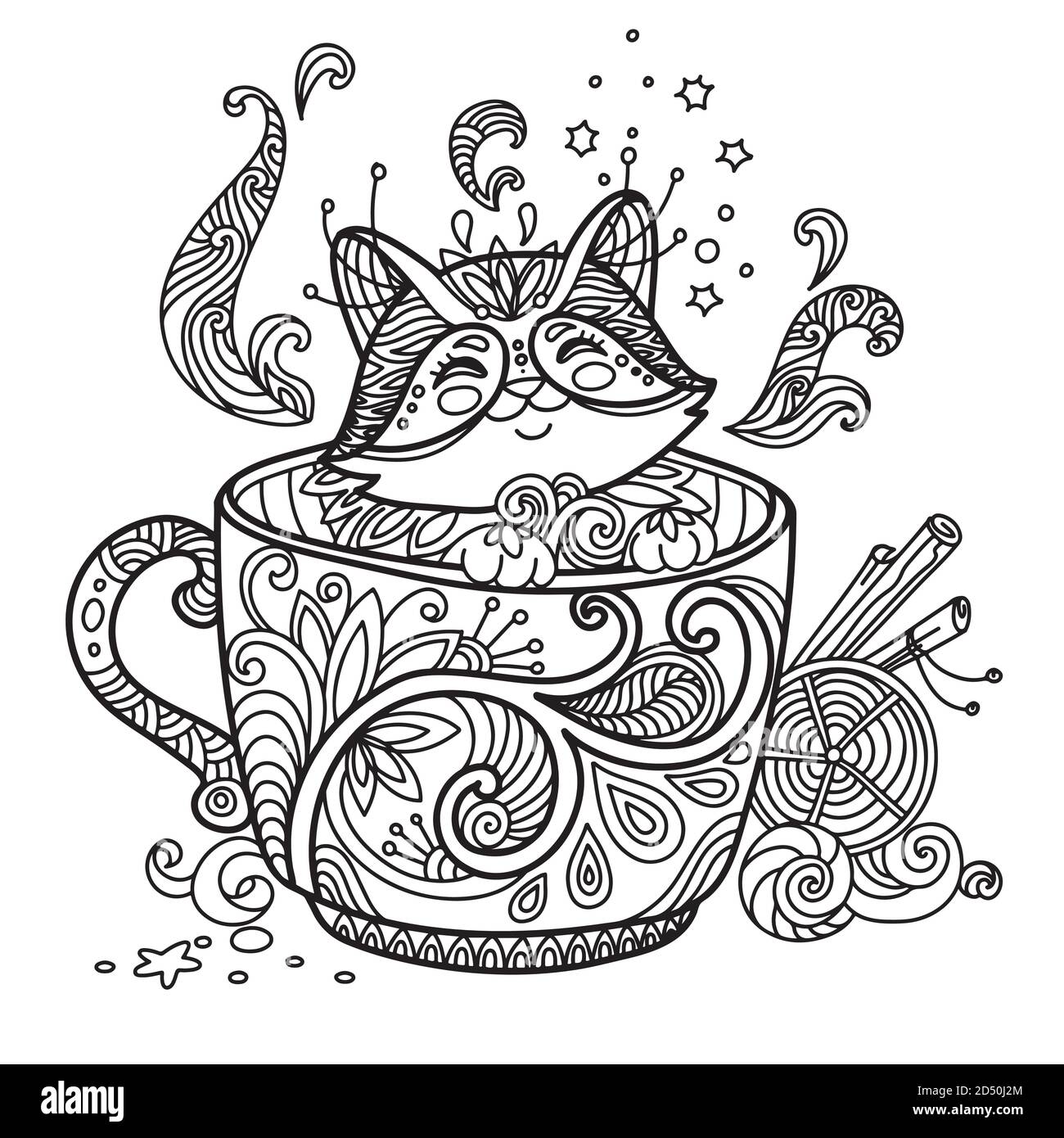 Kawaii gatto carino in una tazza di colorazione Illustrazione Vettoriale