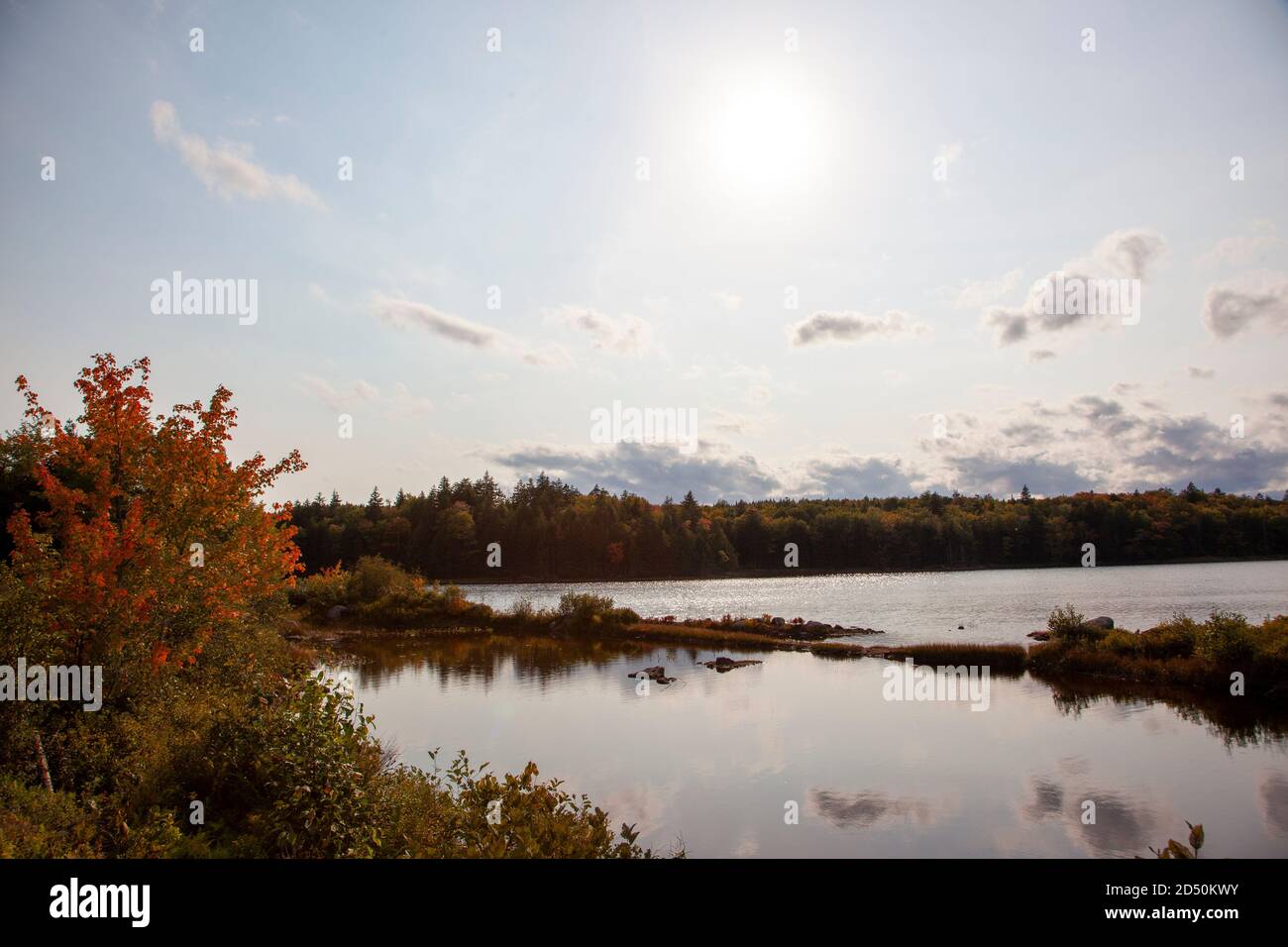 Un bellissimo lago con nuvole e rocce tra alberi d'autunno In Canada Foto Stock
