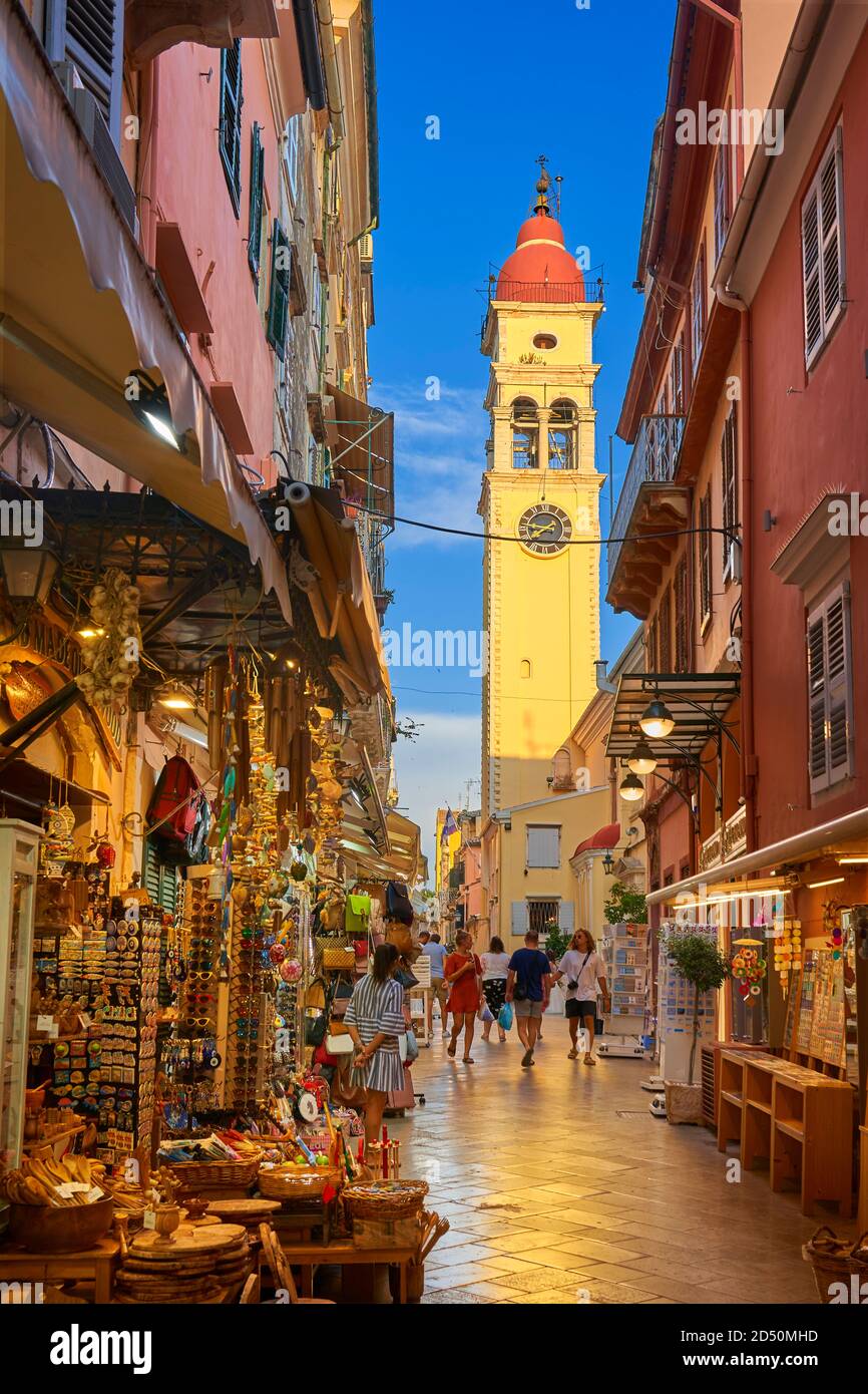 Corfù (Kerkira) Città Vecchia e Torre di San Spyridonas, Isole IONIE, Grecia Foto Stock