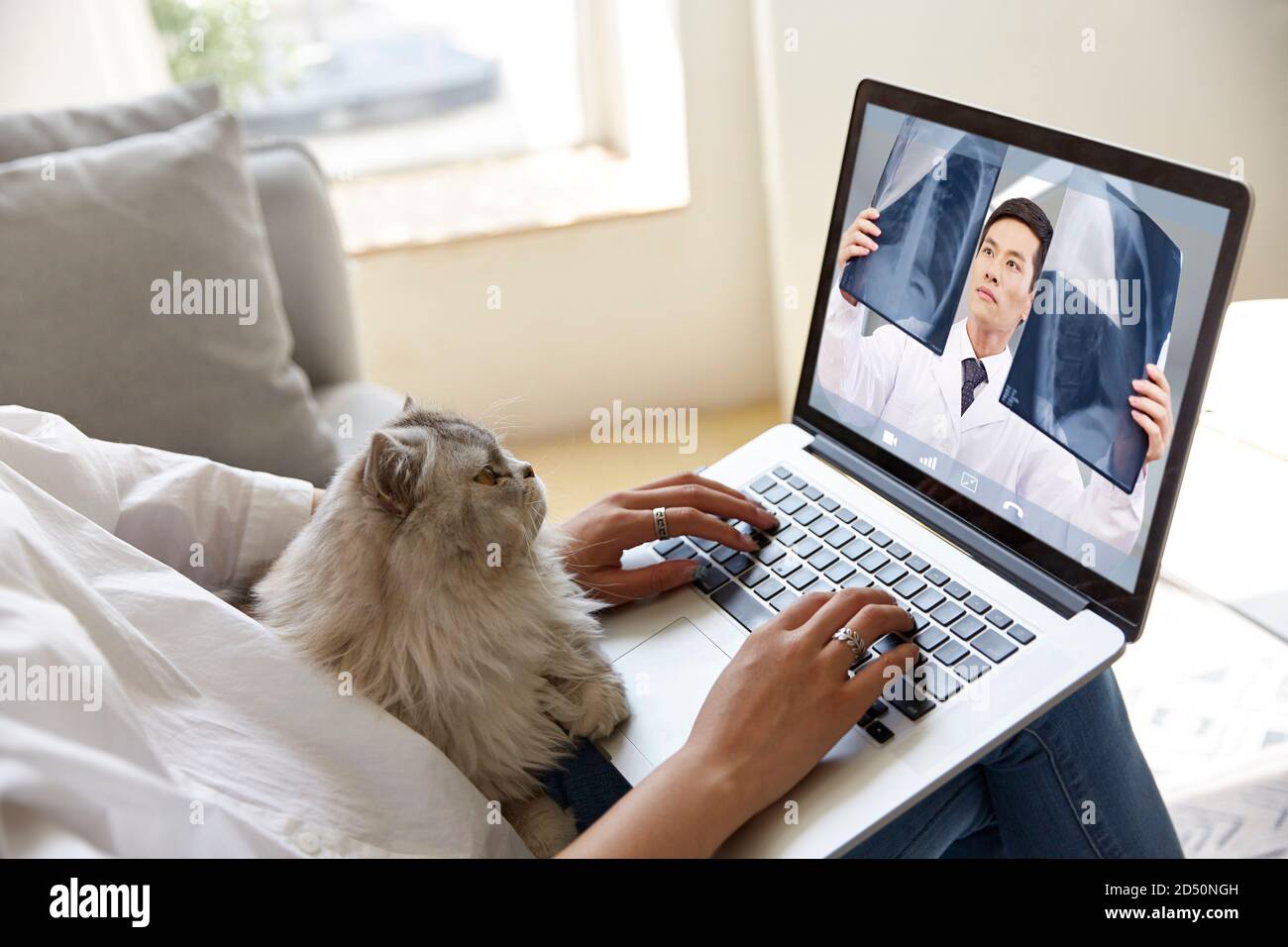 giovane donna asiatica vedendo il medico in linea via video conferenza usando computer portatile con gatto animale domestico sul suo lato Foto Stock