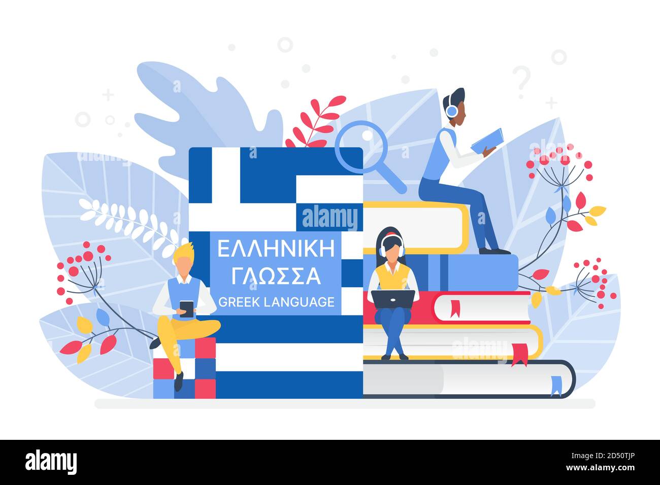 Gli studenti imparano l'illustrazione vettoriale isometrica greca. Studenti che leggono libri cartoni animati 3d. Utilizzo di gadget hi-tech per l'insegnamento delle lingue straniere. Formazione a distanza, concetto di apprendimento online Illustrazione Vettoriale