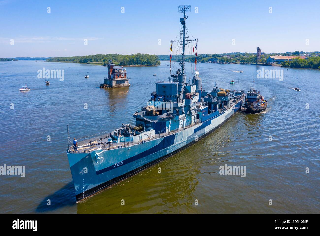 USS Slater, US Navy Destoryer della seconda guerra mondiale, Hudson Athens Lighthouse, Hudson River, NY, USA Foto Stock