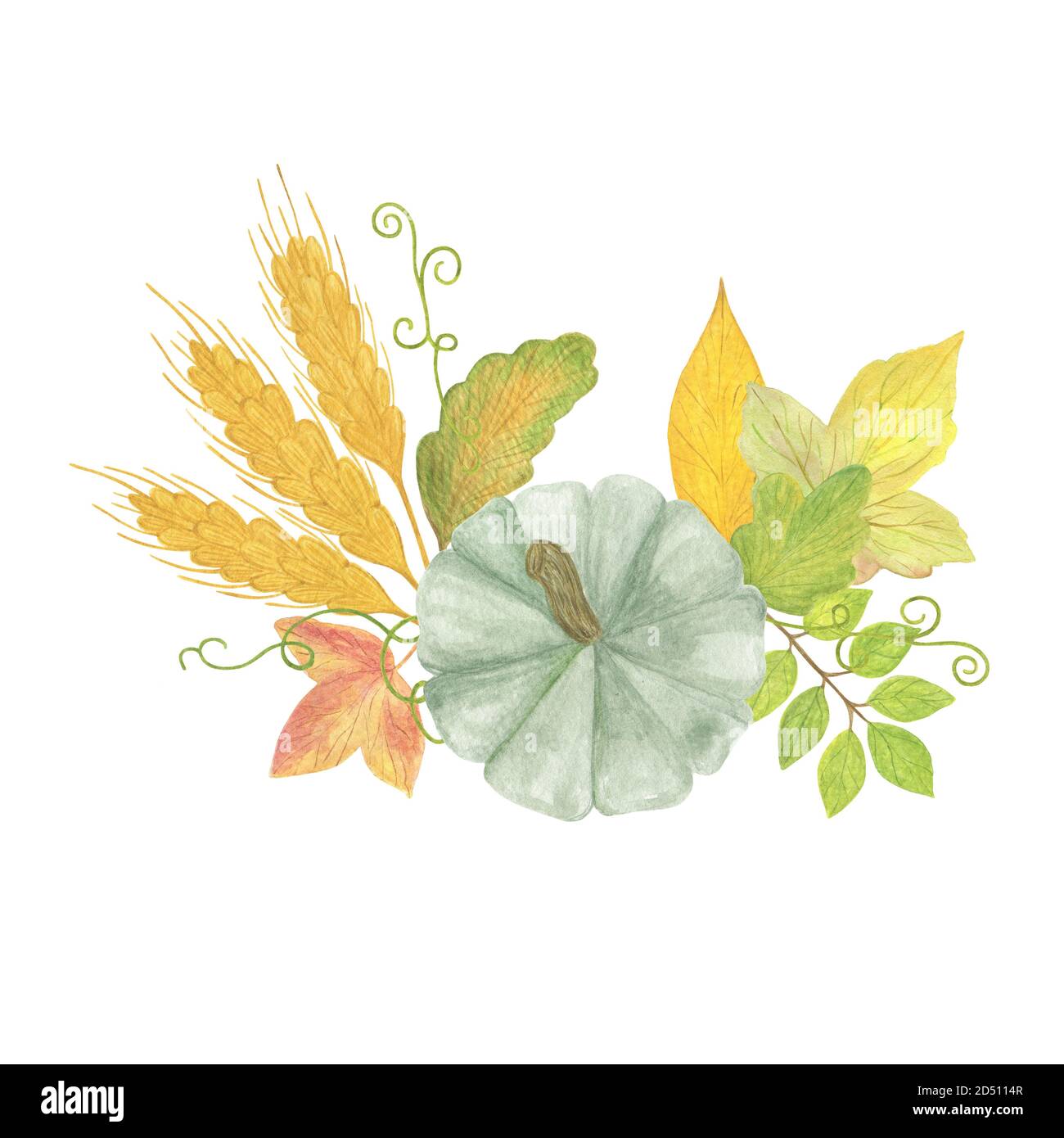 Arrangiamento di elementi autunnali con zucche, grano e foglie gialle stagionale autunno vacanze acquerello illustrazione floreale, composizione per Halloween e ringraziamento Foto Stock