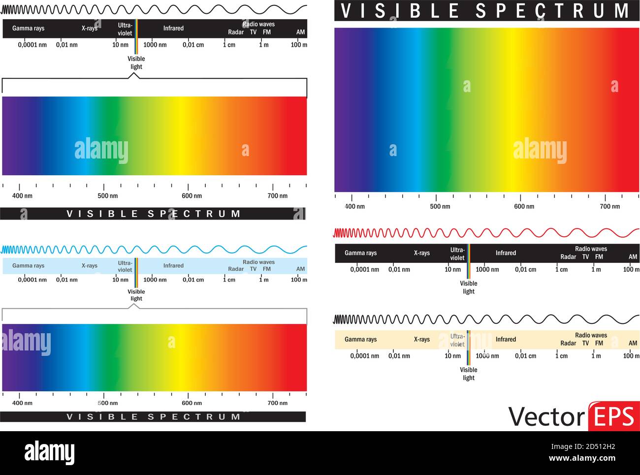 Diagramma luminoso visibile. Spettro elettromagnetico a colori, frequenza delle onde luminose. Background vettoriale di fisica della scuola didattica. Illustrazione dello spettro di Illustrazione Vettoriale