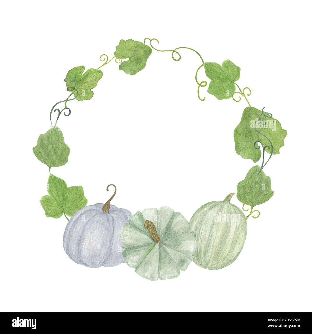 Arrangiamento di elementi autunnali con zucche, e foglie verdi stagionale autunno vacanze acquerello illustrazione floreale, composizione per Halloween e ringraziamento Foto Stock