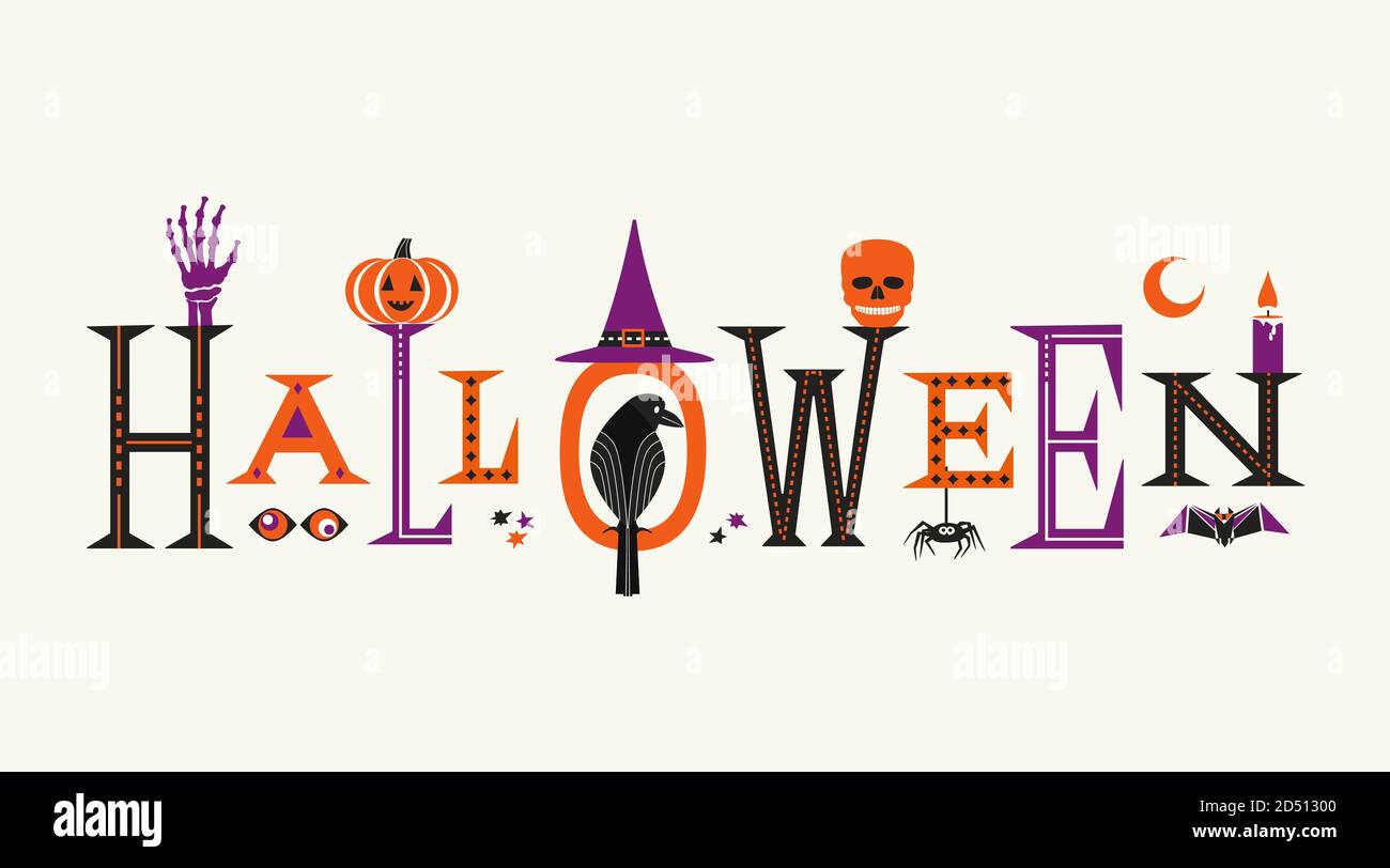 Halloween simpatico scritta e simboli illustrazione Illustrazione Vettoriale