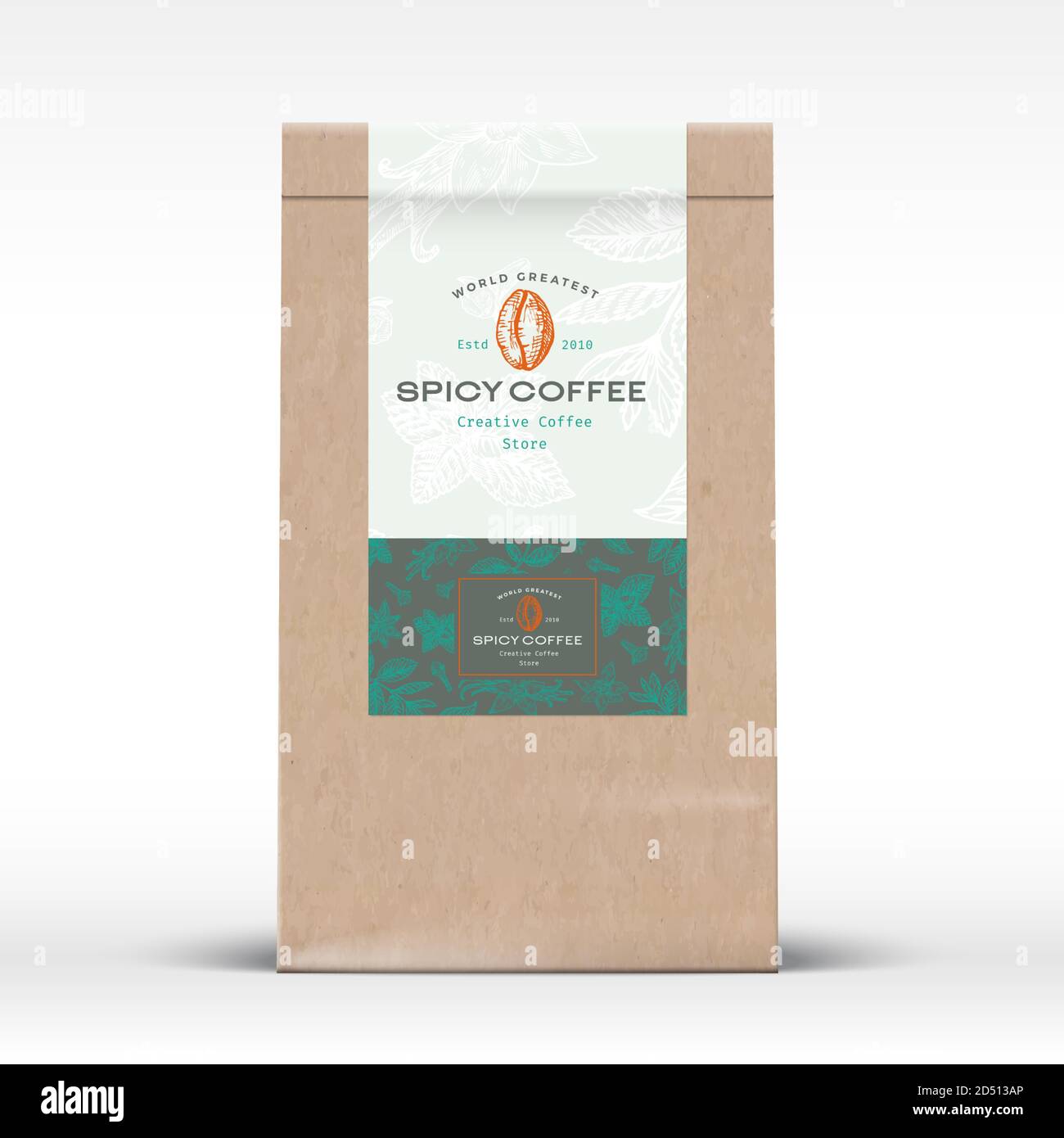 Etichetta del prodotto sacchetto di carta da caffè speziata per l'artigianato. Layout di progettazione di packaging vettoriale astratto con ombre realistiche. Tipografia moderna e Beans disegnati a mano e. Illustrazione Vettoriale