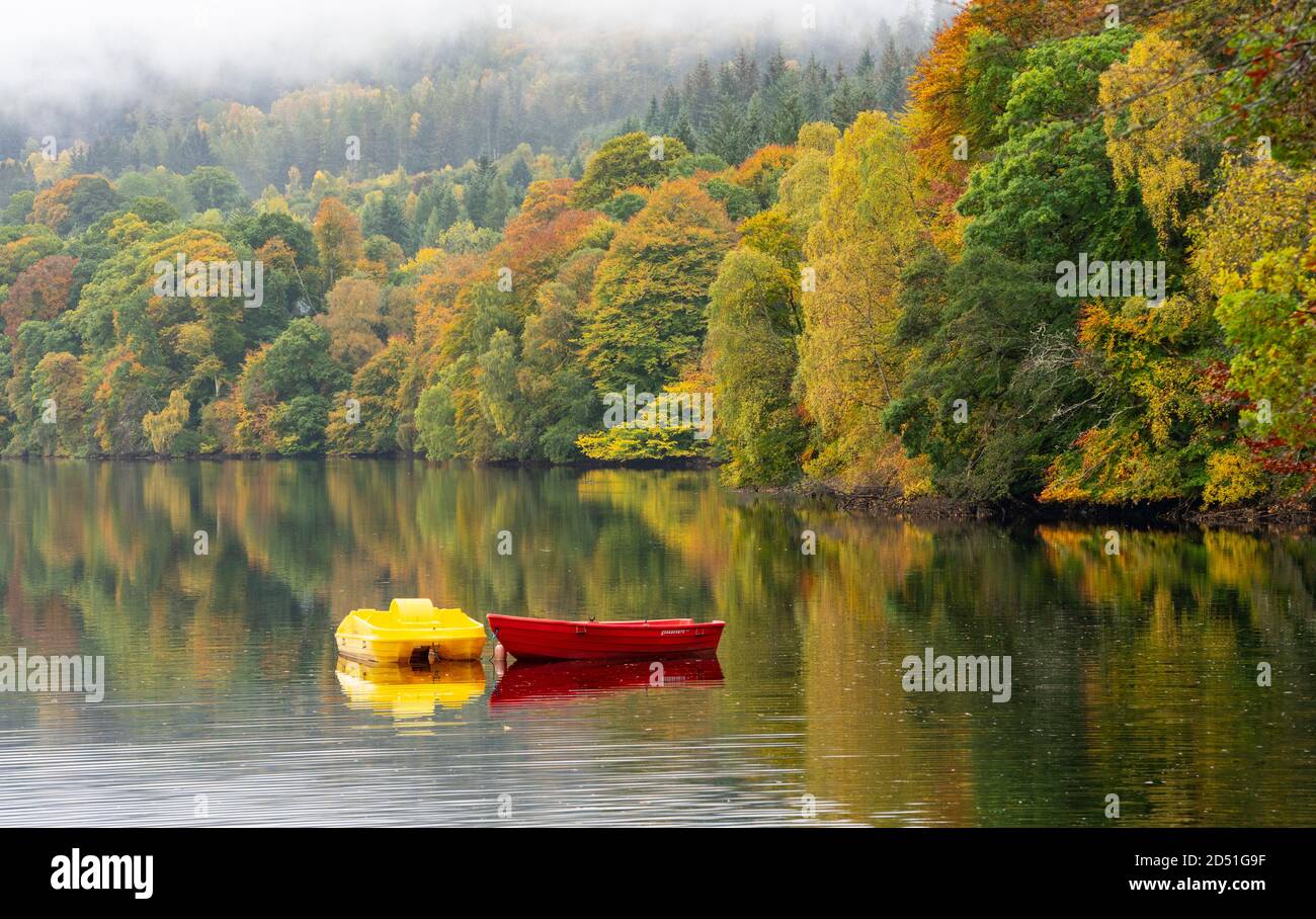 Pitlochry, Scozia, Regno Unito. 12 ottobre 2020. Colori autunnali su alberi e barche a remi sul Loch Faskally a Pitlochry. Iain Masterton/Alamy Live News Foto Stock