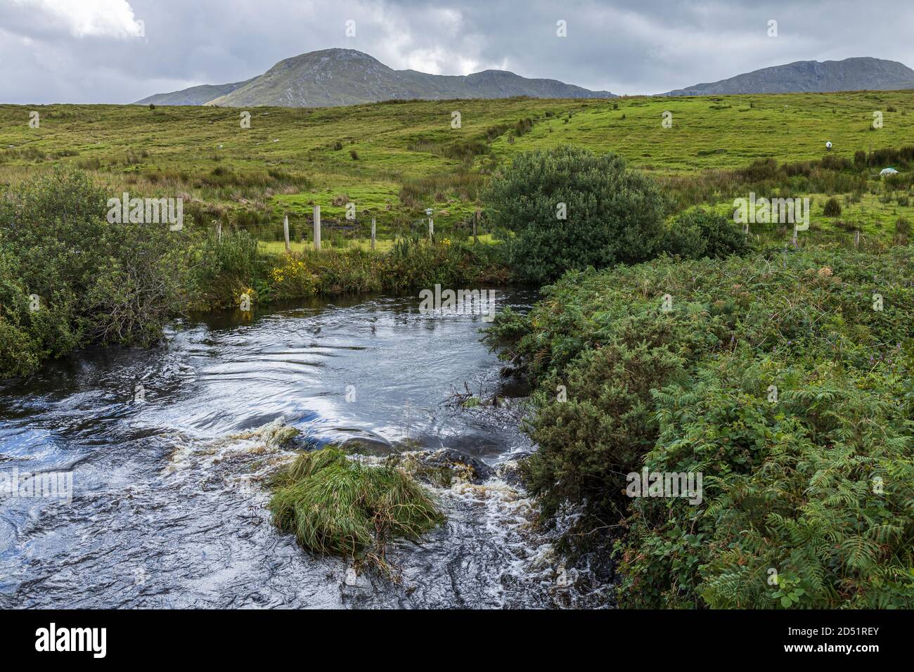 Owenmore fiume in pieno flusso a Drummin, Contea di Mayo, Irlanda Foto Stock