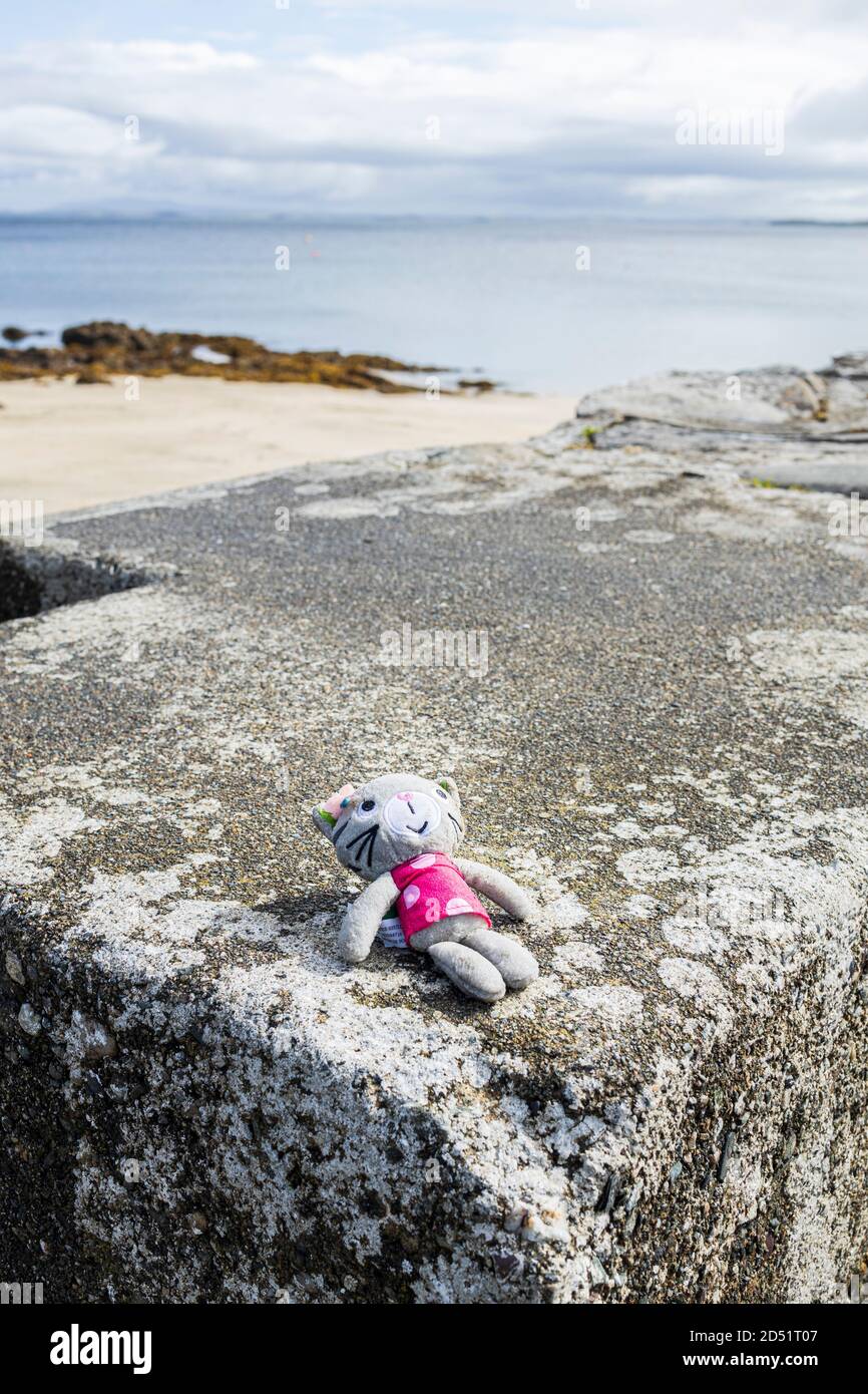 Bambola giocattolo imbottita perduta al molo di Old Head, Louisburgh, County Mayo, Irlanda Foto Stock