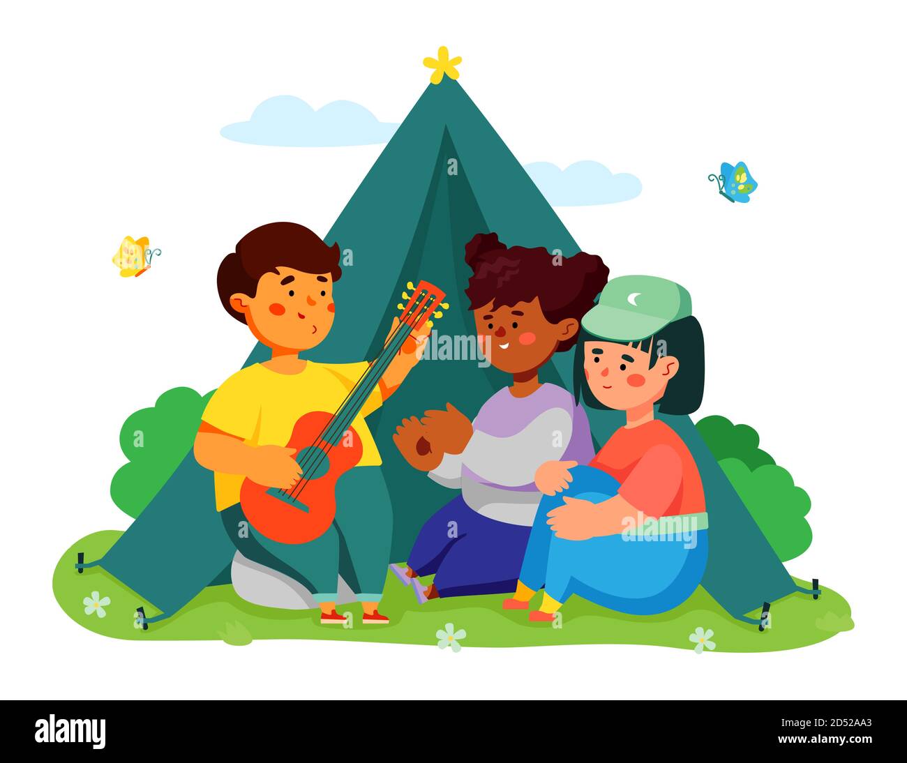 Bambini campeggio - colorato disegno appartamento stile illustrazione Illustrazione Vettoriale