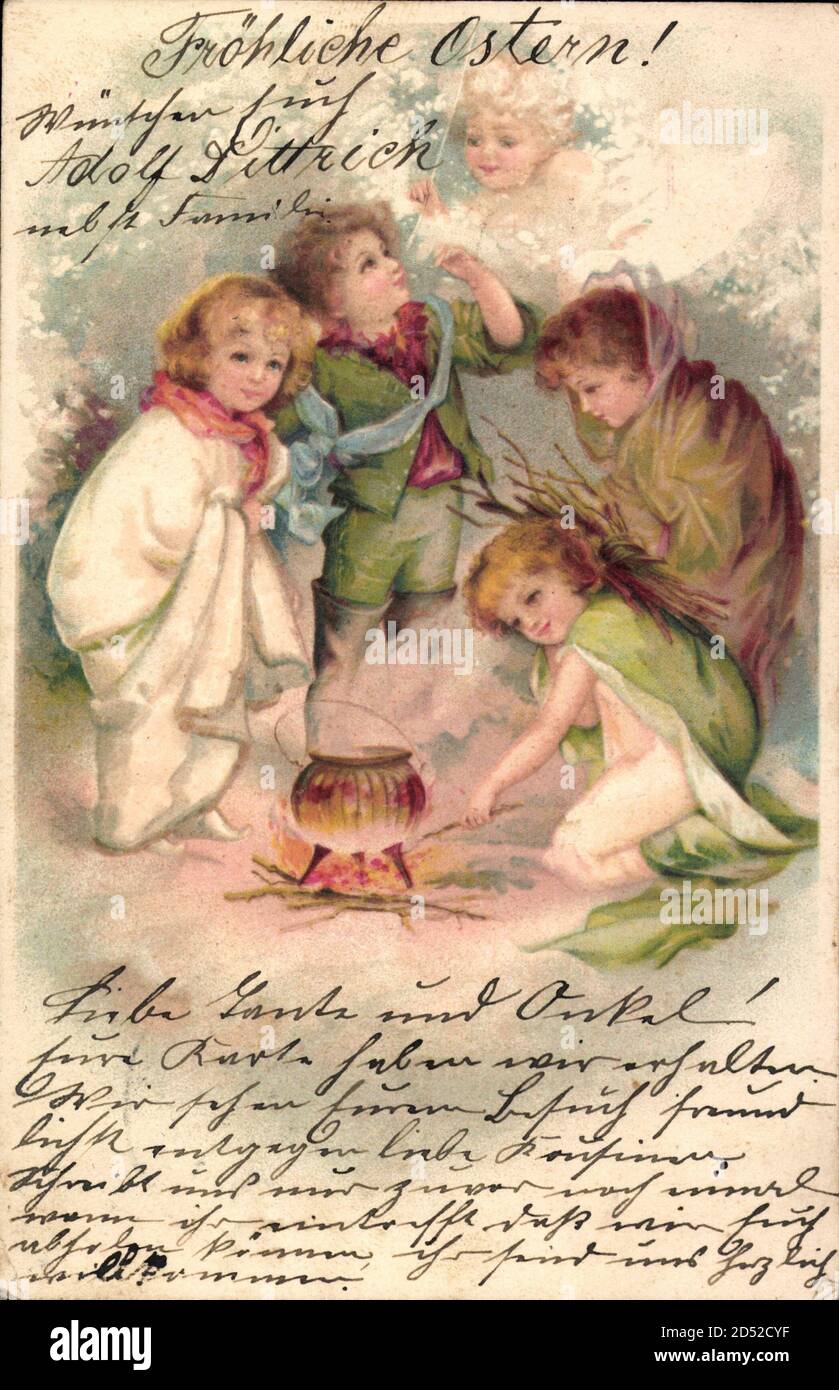 Glückwunsch Ostern, Kinder an einer Feuerstelle, Kochtopf, Engel | utilizzo in tutto il mondo Foto Stock