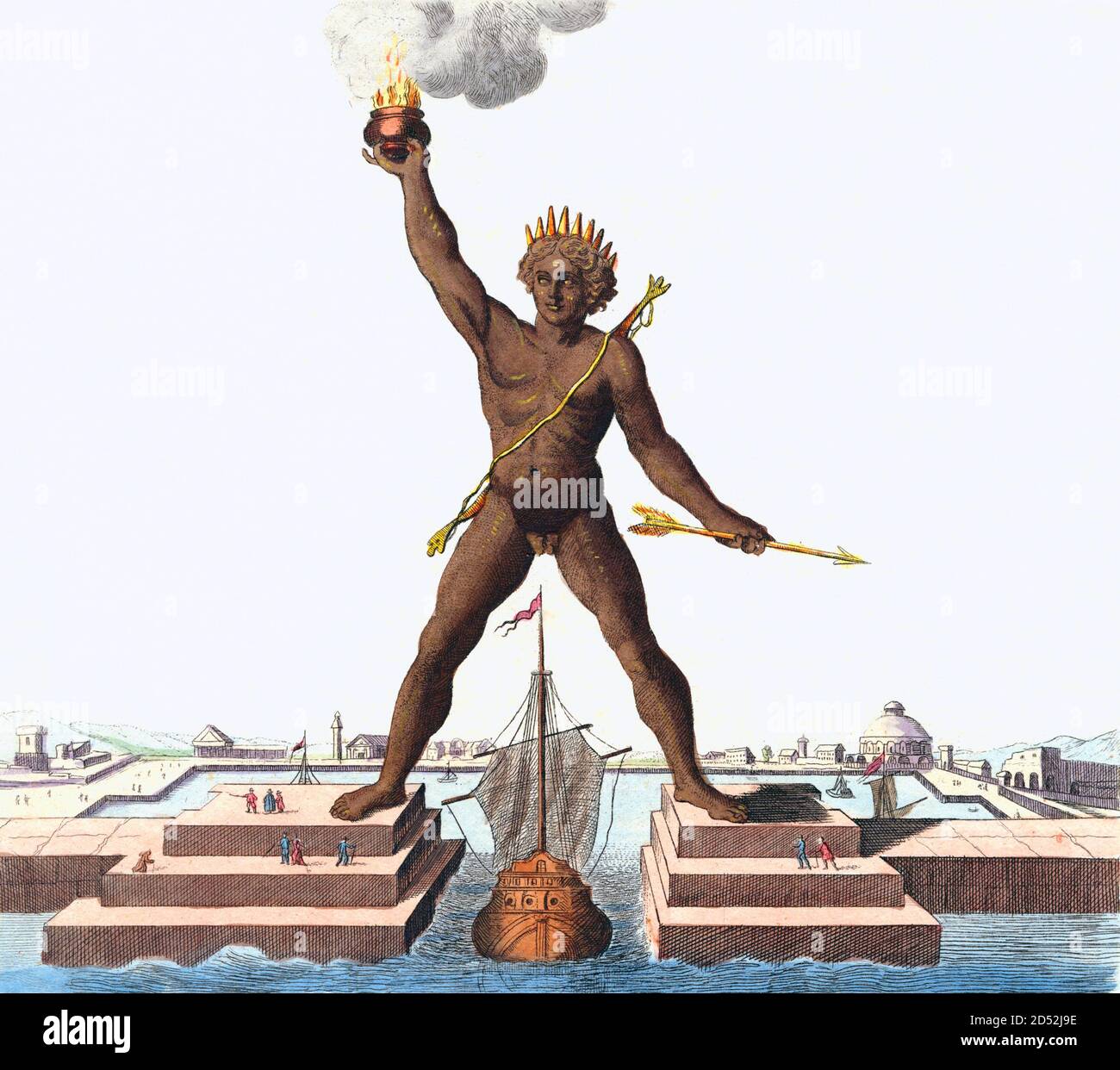 Colosso di Rodi, incisione colorata a mano del XVIII secolo da un'opera originale del 1721 di Johann Bernhard Fischer von Erlach Foto Stock