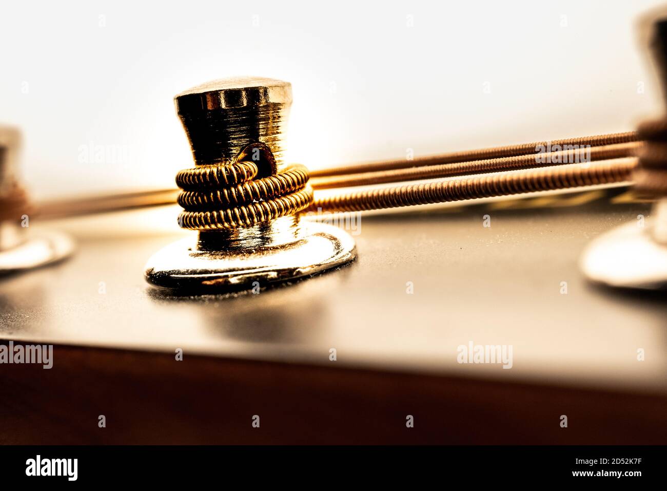 Macro foto di intonazione post su testa di mandolino con un sfondo bianco chiaro Foto Stock